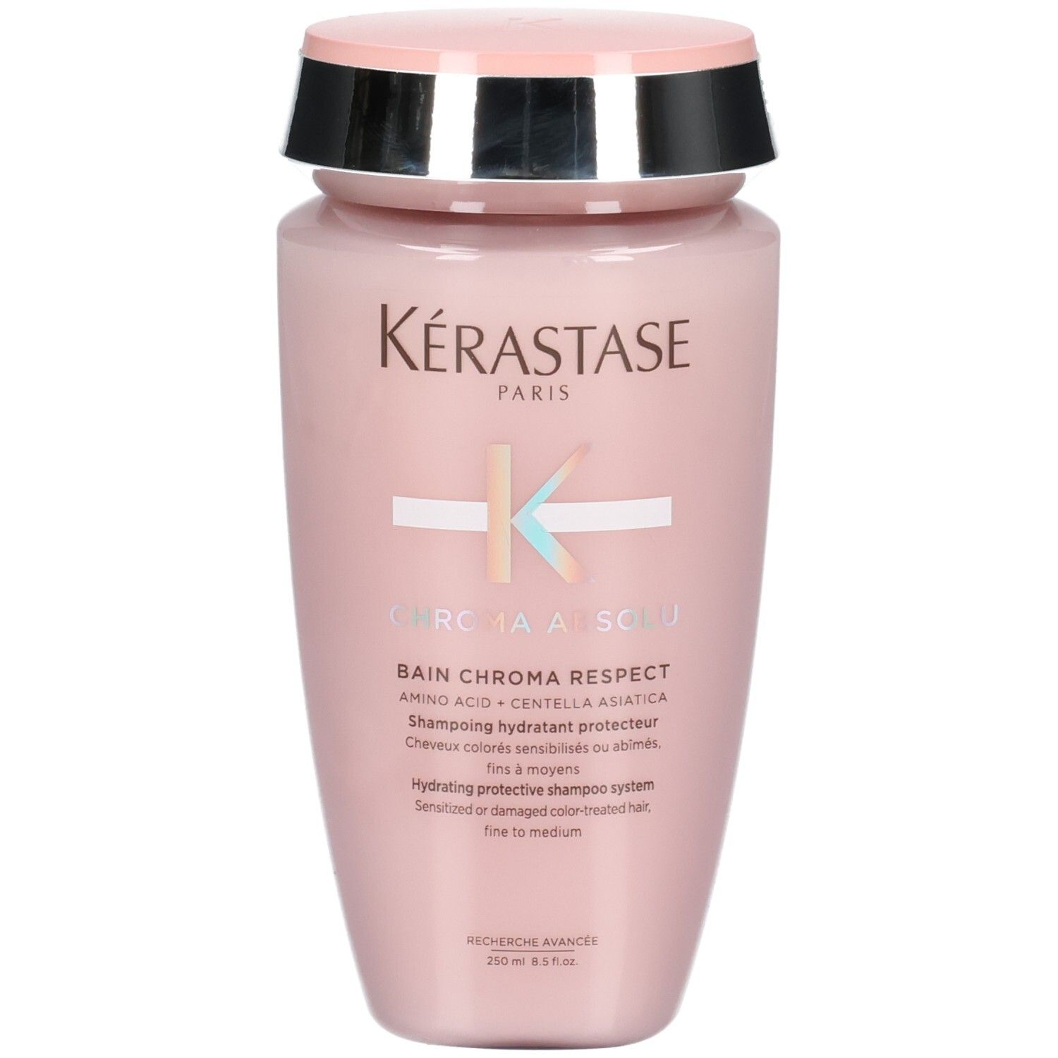 Kérastase Bain Chroma Respect Shampoo, 250ml, flacon rose avec bouchon argenté et rose.