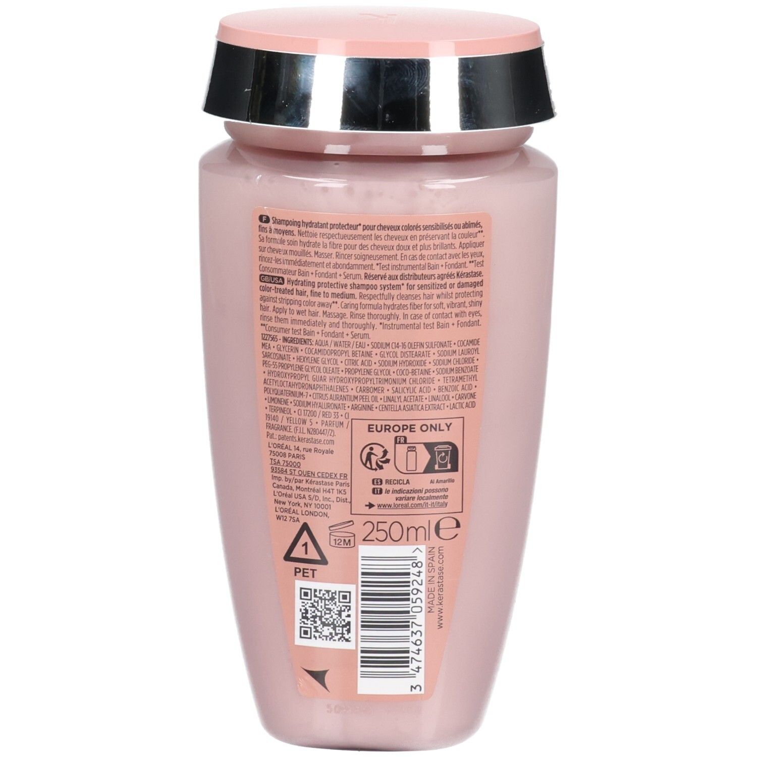 Arrière du flacon Kérastase Bain Chroma Respect Shampoo, 250ml, avec informations produit et code-barres.