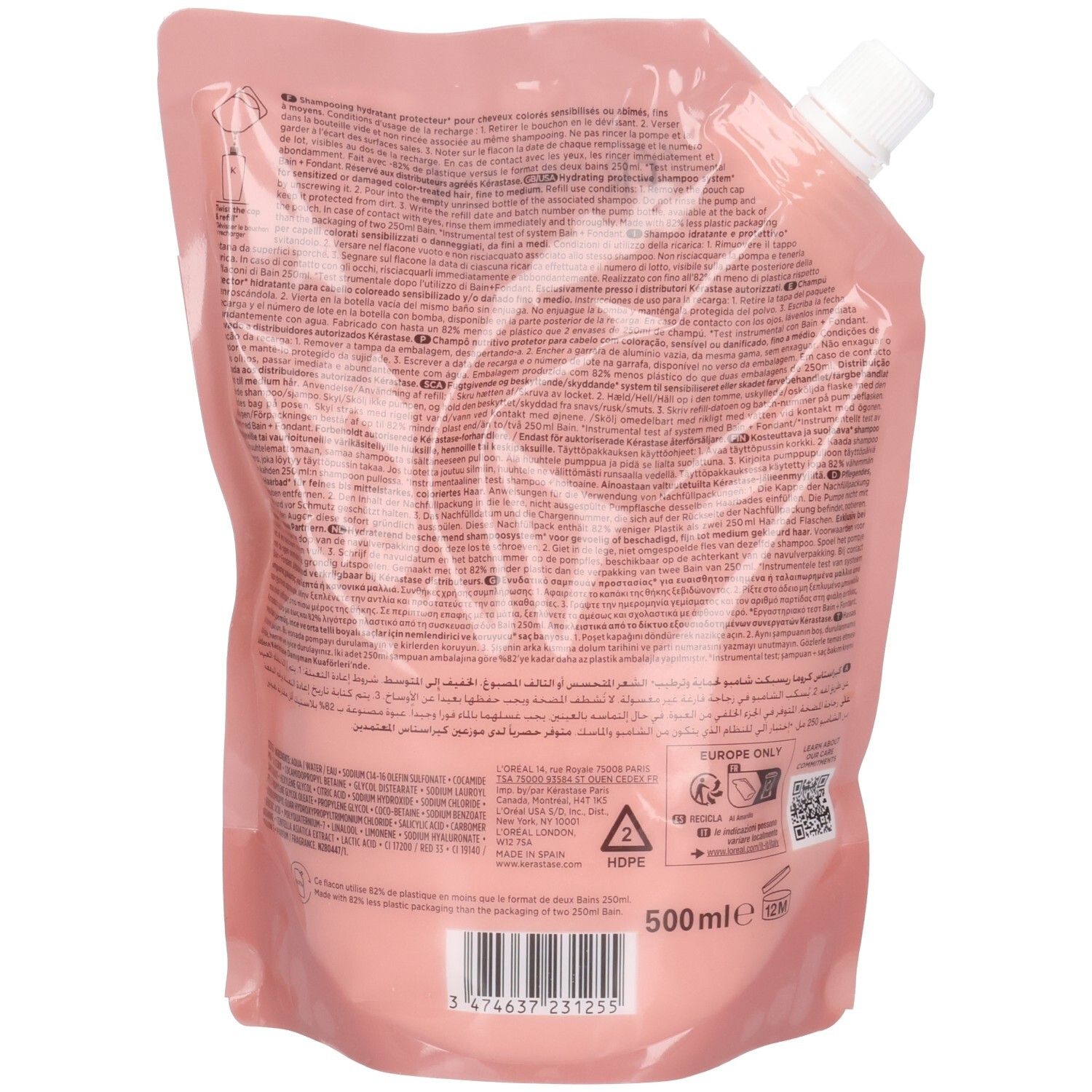 Roze navulzak met witte schroefdop, 500 ml inhoud.