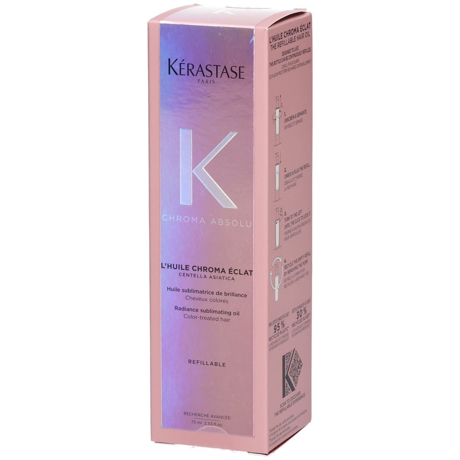 Kérastase Chroma Absolu Navulbare Radiance Oil verpakking met K-logo en productnaam.