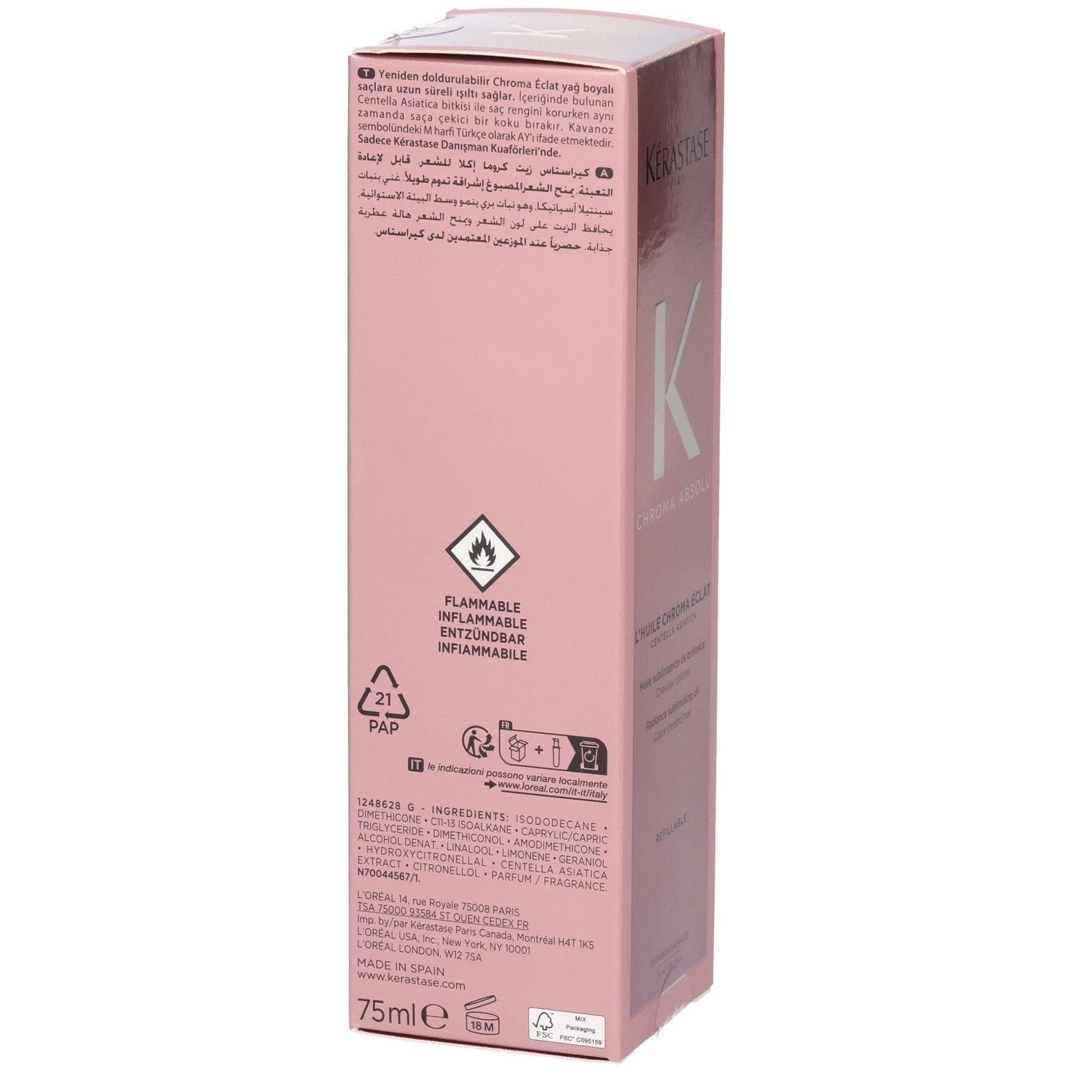 Achterkant van de Kérastase Chroma Absolu verpakking met waarschuwingssymbolen en ingrediënten.