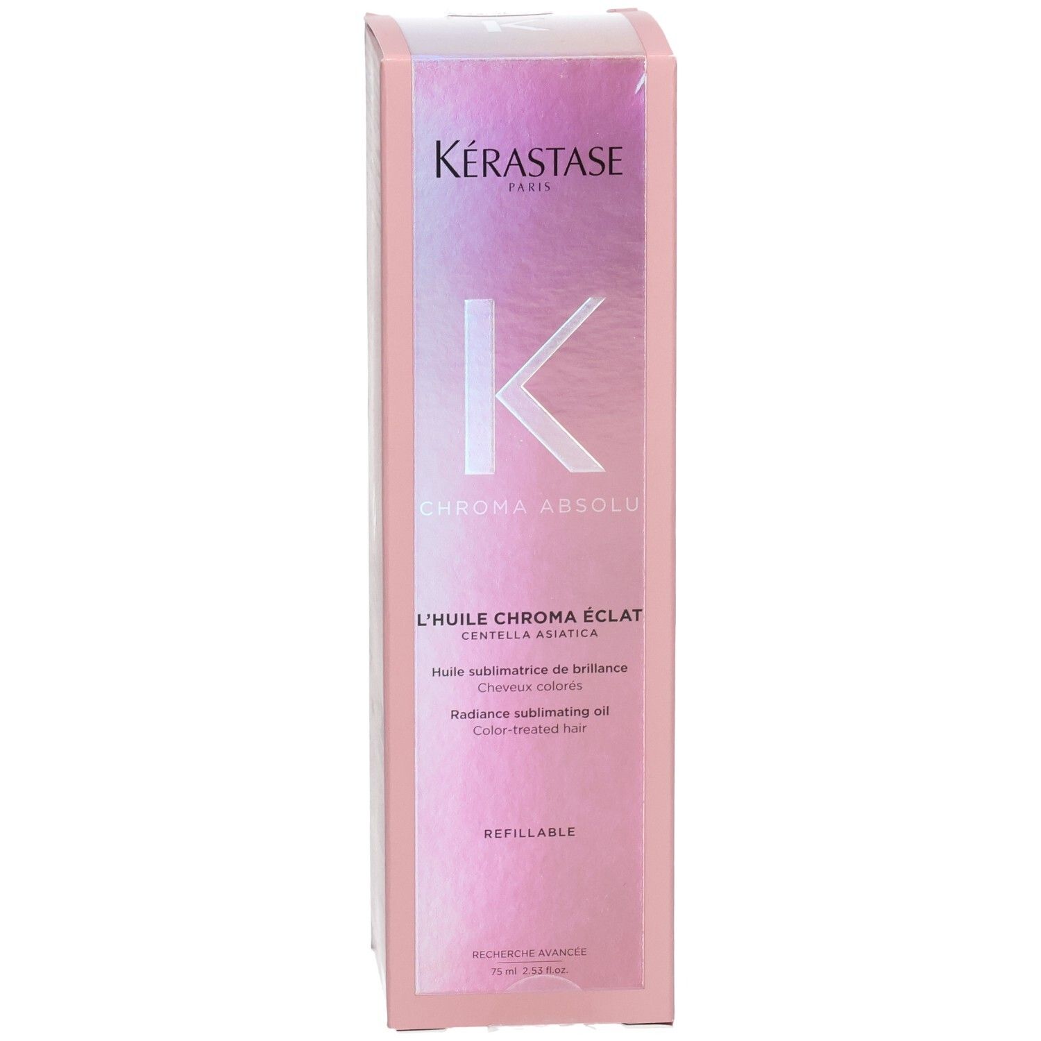 Kérastase Chroma Absolu Navulbare Radiance Oil verpakking met K-logo en productnaam.