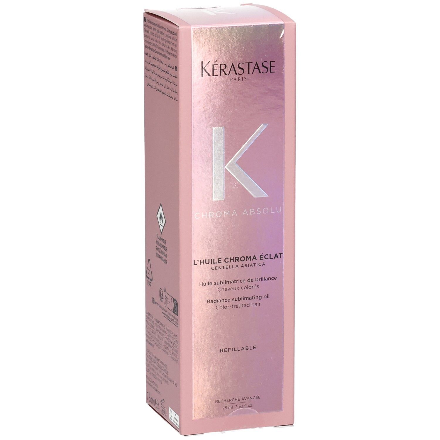 Kérastase Chroma Absolu Navulbare Radiance Oil verpakking met K-logo en productnaam.