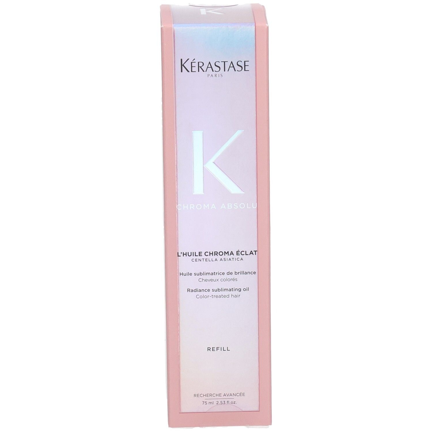 Kérastase Chroma Absolu Huile Chroma Éclat Recharge, face avant avec logo et nom produit.