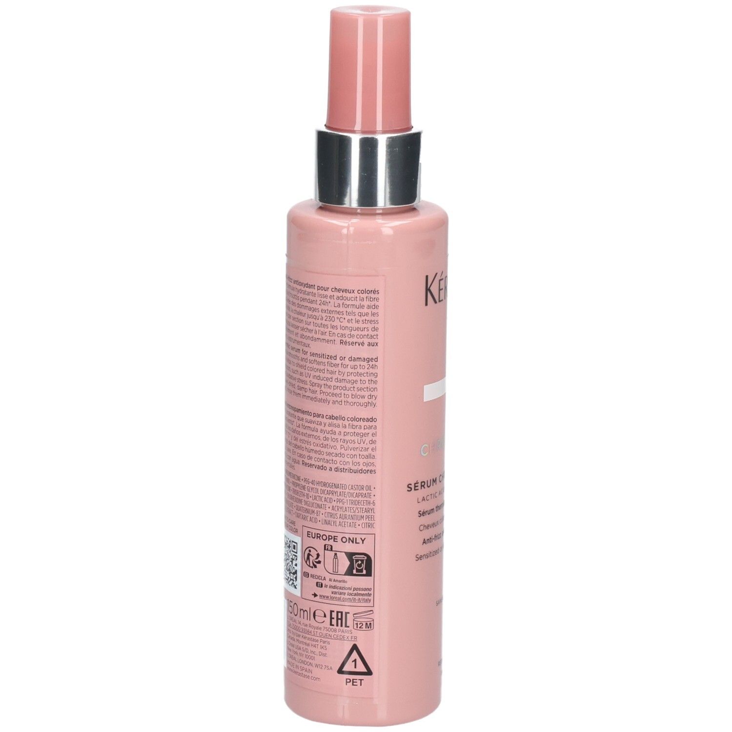 Achterkant van de Kérastase Chroma Absolu Sérum Chroma Thermique fles met productinformatie.