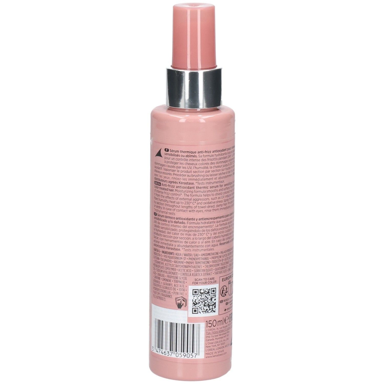Zijaanzicht van de Kérastase Chroma Absolu Sérum Chroma Thermique fles met barcode en volume.