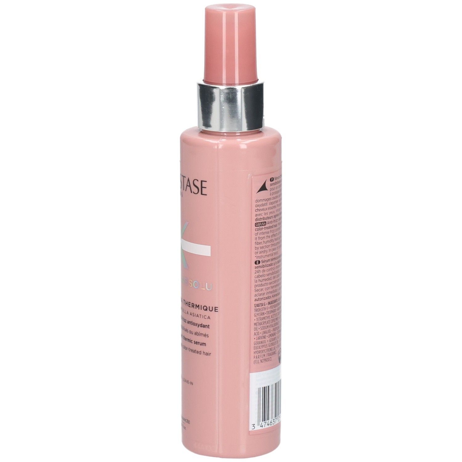 Zijaanzicht van de Kérastase Chroma Absolu Sérum Chroma Thermique fles met gedetailleerde productinformatie.