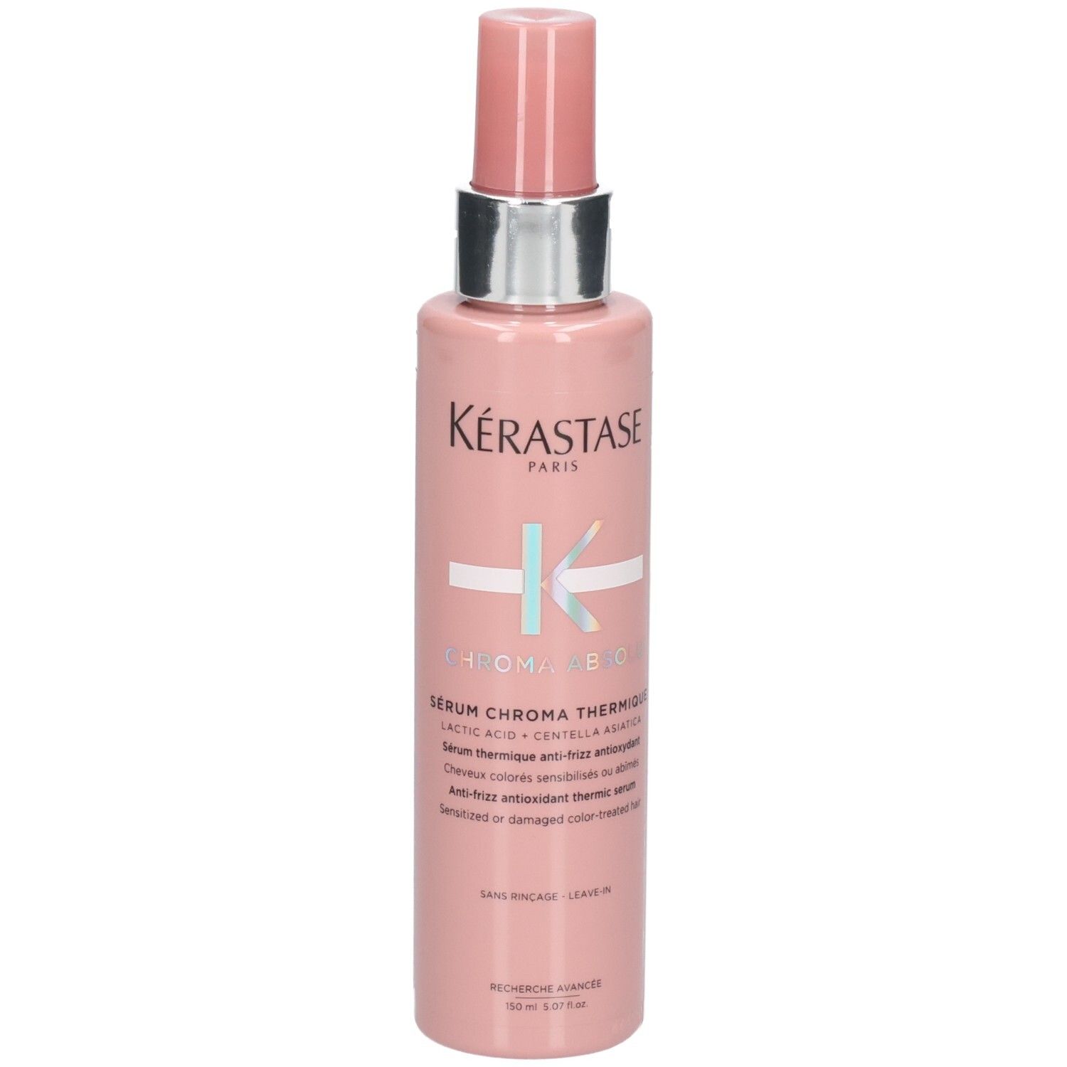 Kérastase Chroma Absolu Sérum Chroma Thermique, 150ml fles met pompdispenser, voor- en zijaanzicht.