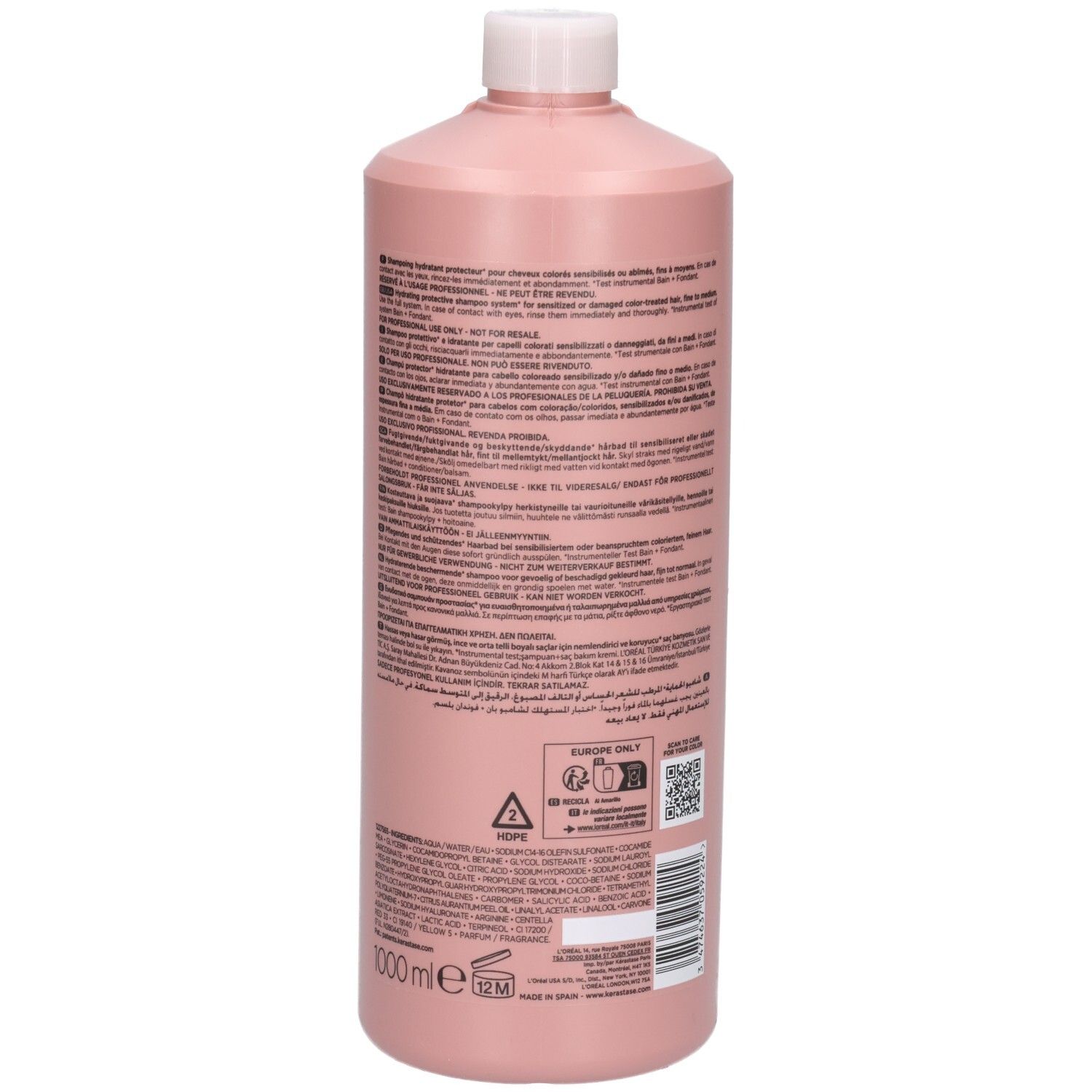Achterkant van de Kérastase Chroma Absolu Respect Shampoo fles, 1L. Bevat gebruiksinstructies en ingrediënten.