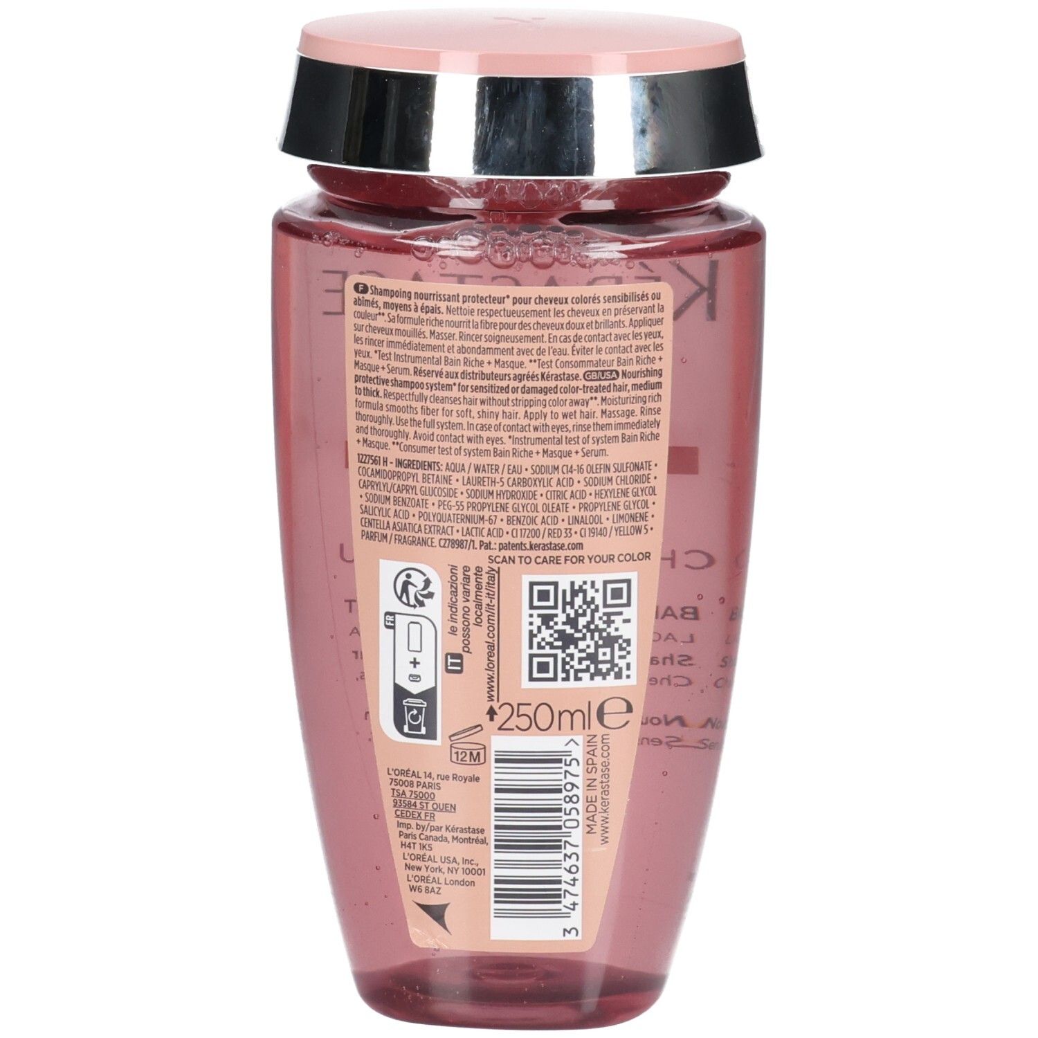 Achterkant van de Kérastase Chroma Absolu Bain Riche Chroma Respect shampoofles met productinformatie en QR-code.