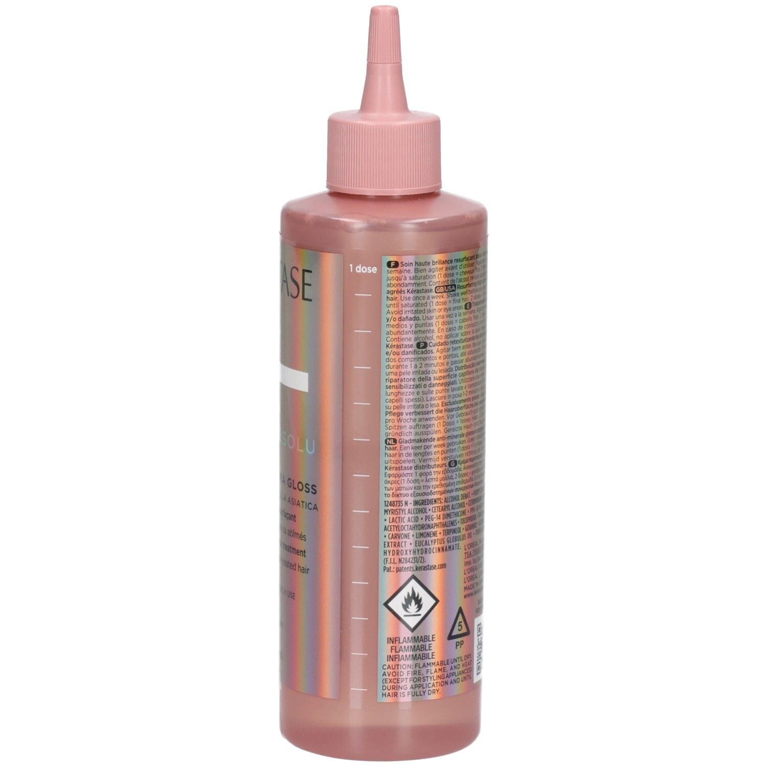 Bouteille Kérastase Chroma Absolu avec symboles d'inflammabilité et de sécurité.