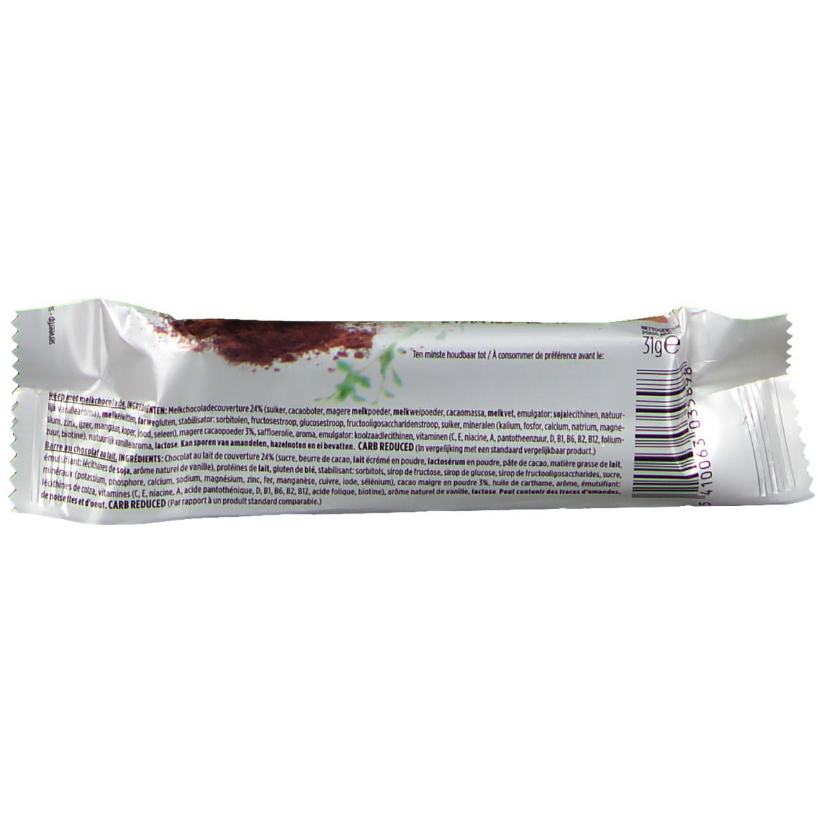 Emballage de la barre protéinée Gerlinéa Carb Reduced Chocolat. Vue arrière avec liste des ingrédients et code-barres.