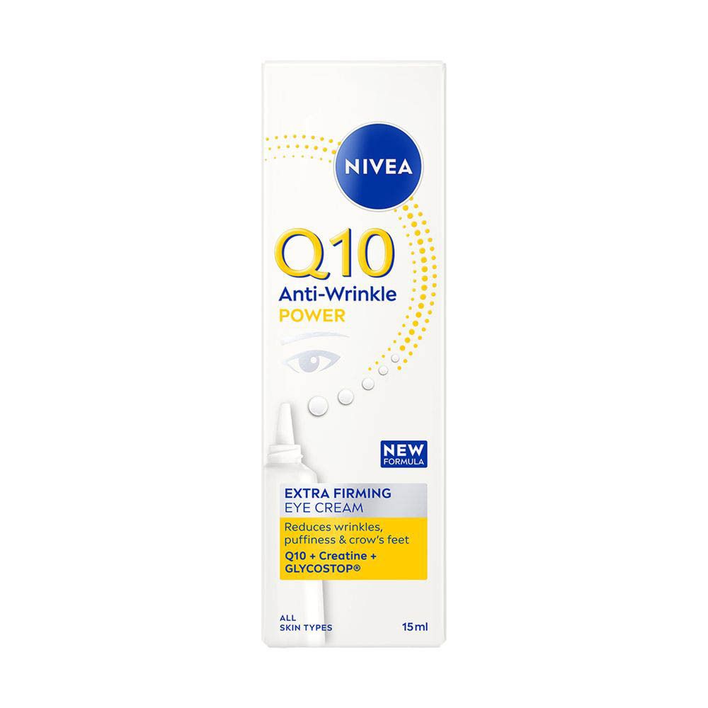 Achterkant van de NIVEA Q10 Power oogcontourcrème tube met productinformatie.
