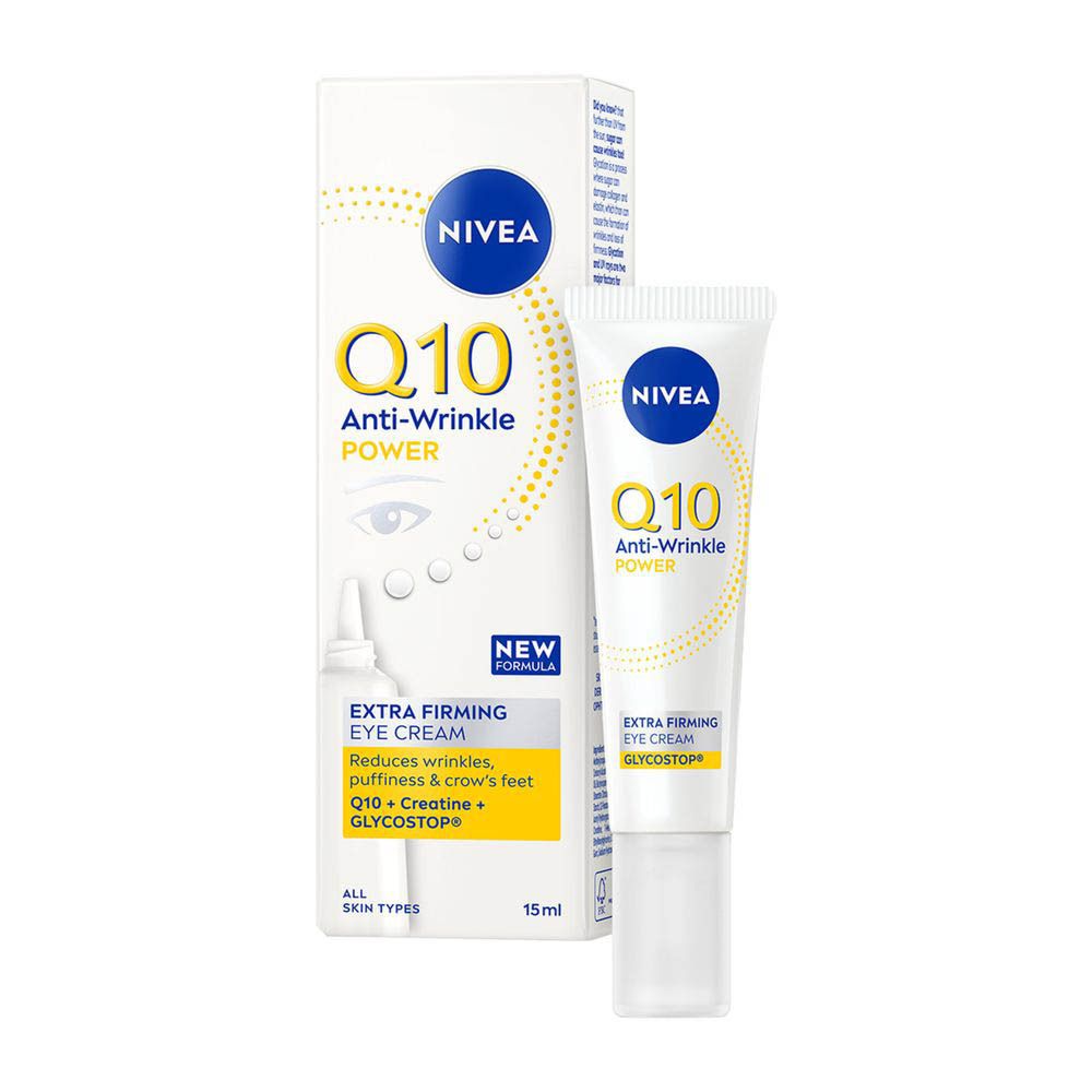 Boîte de crème contour des yeux NIVEA Q10 Power avec illustration produit.