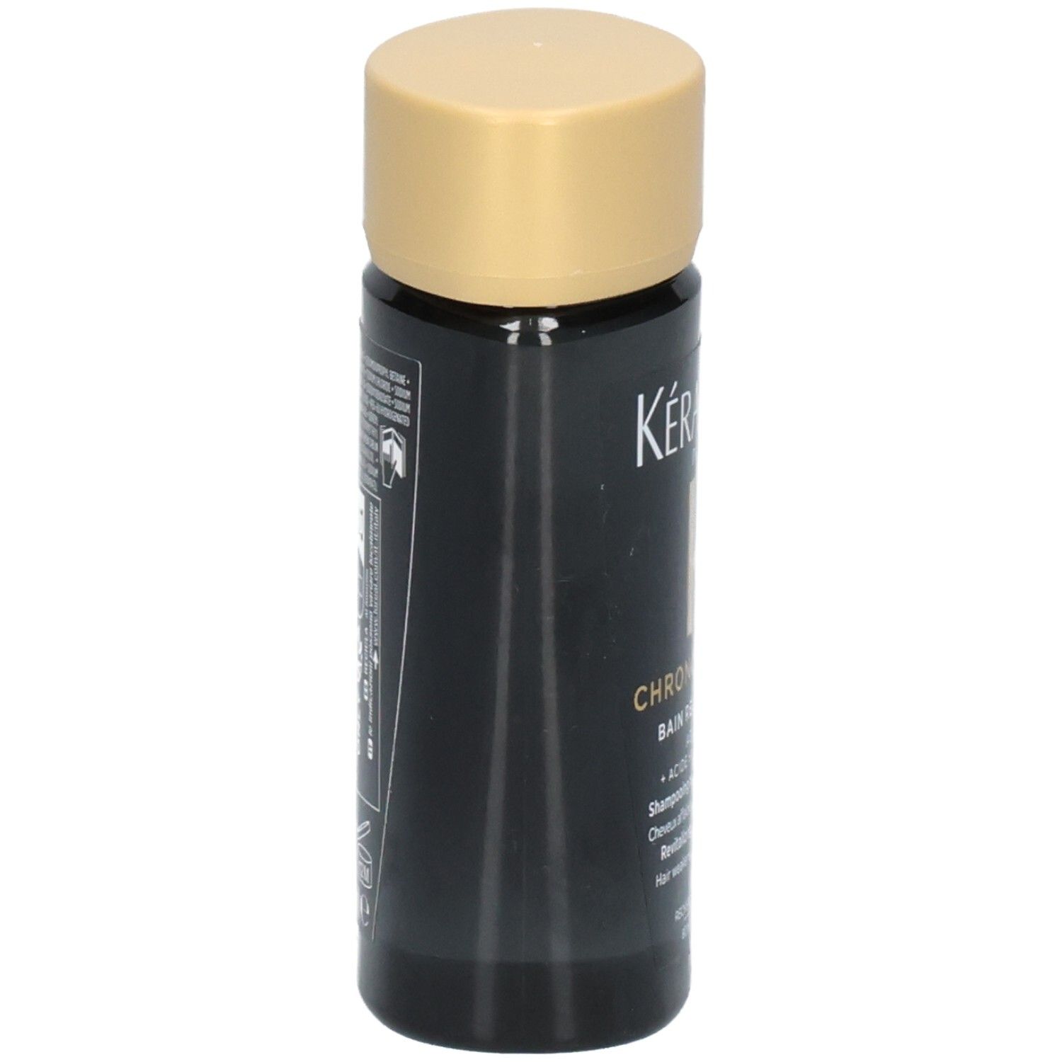 Zwarte fles met gouden dop. Bevat Kérastase Chroma Absolu Bain Shampoo.