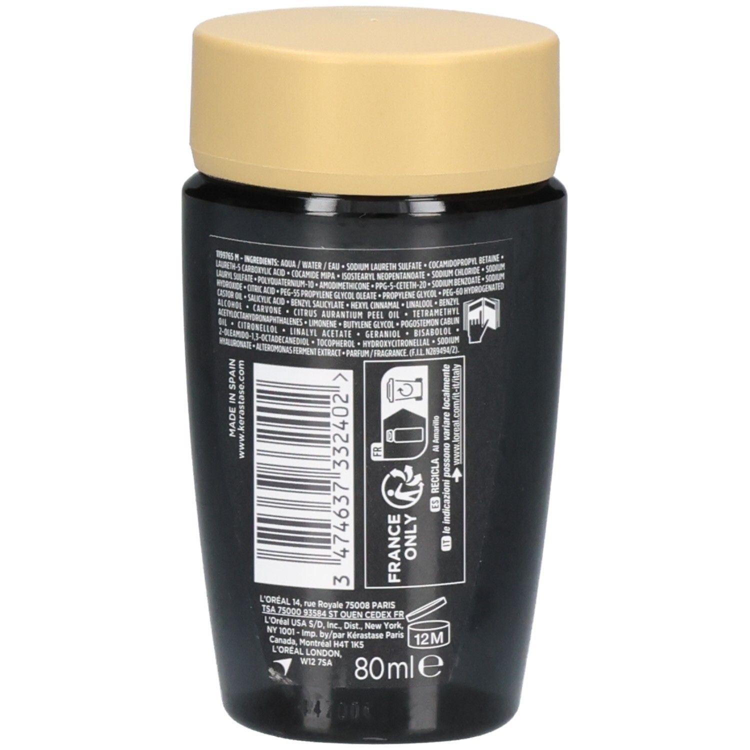 Zwarte fles met goudkleurige dop, 80ml. Bevat ingrediëntenlijst en barcode.