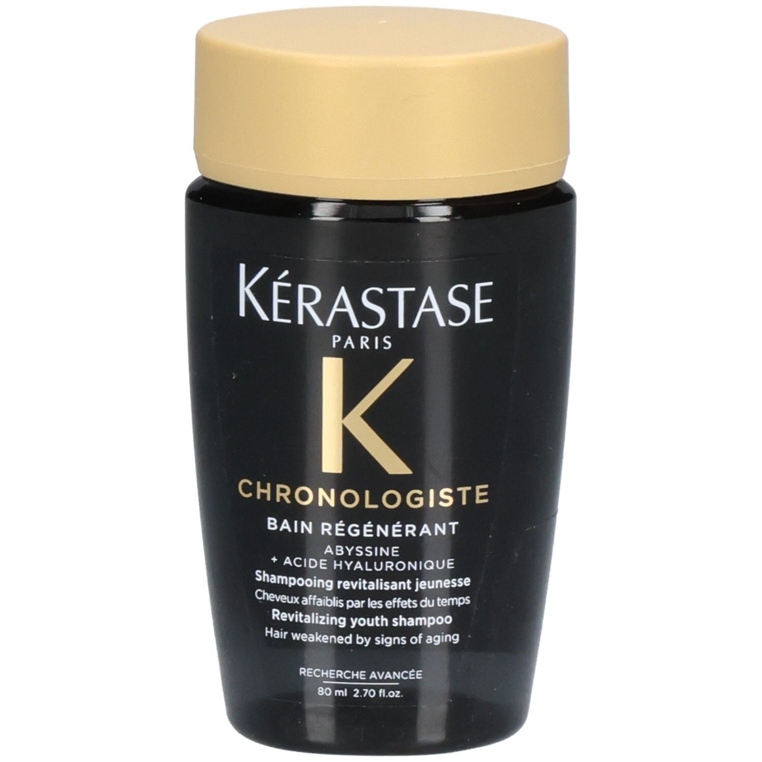 Kérastase Chronologiste Bain Régénérant Shampoo, 80 ml. Zwarte fles met goudkleurige dop.