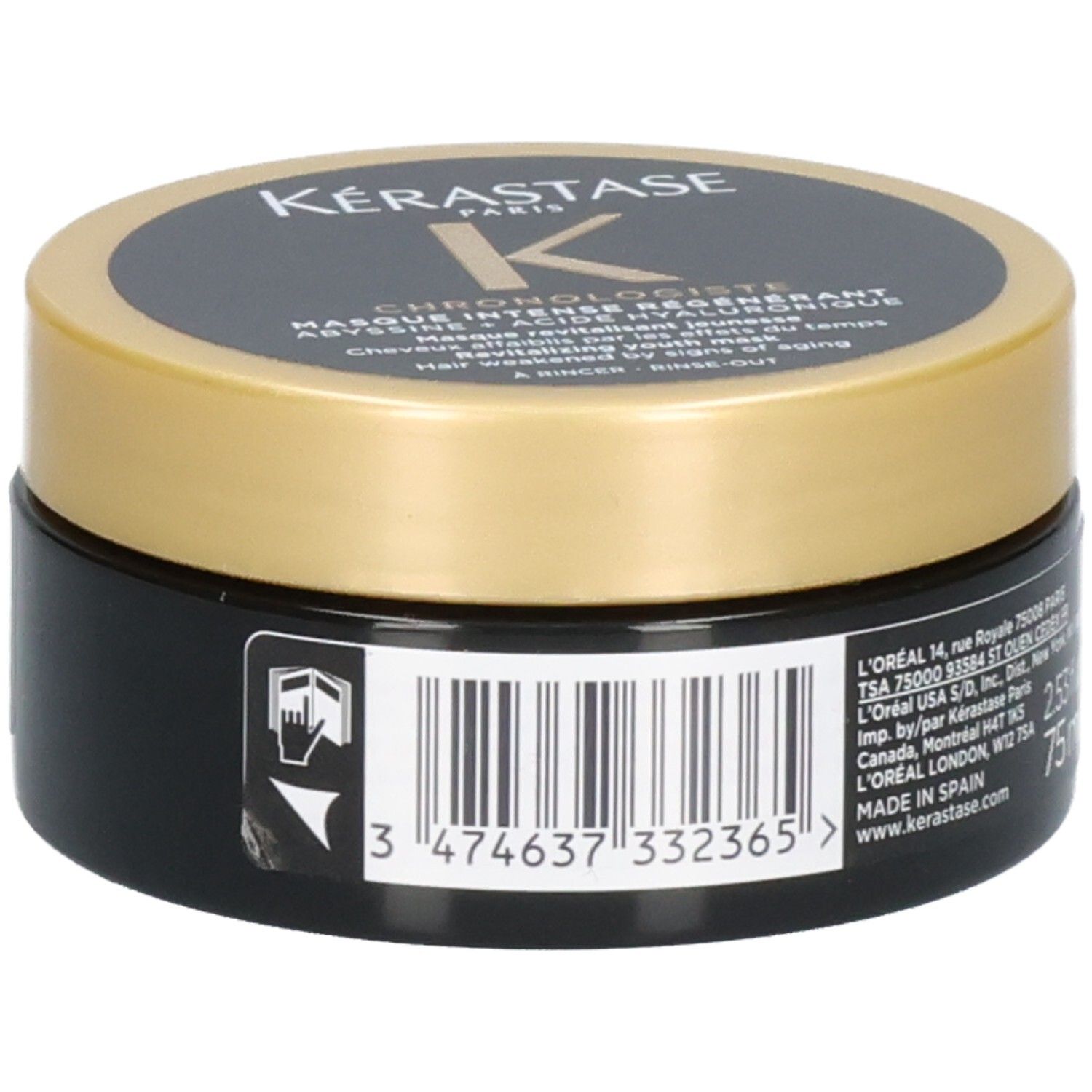 Kérastase Chronologiste masker, zwarte pot met goudkleurig deksel, etiket met productinformatie en barcode.