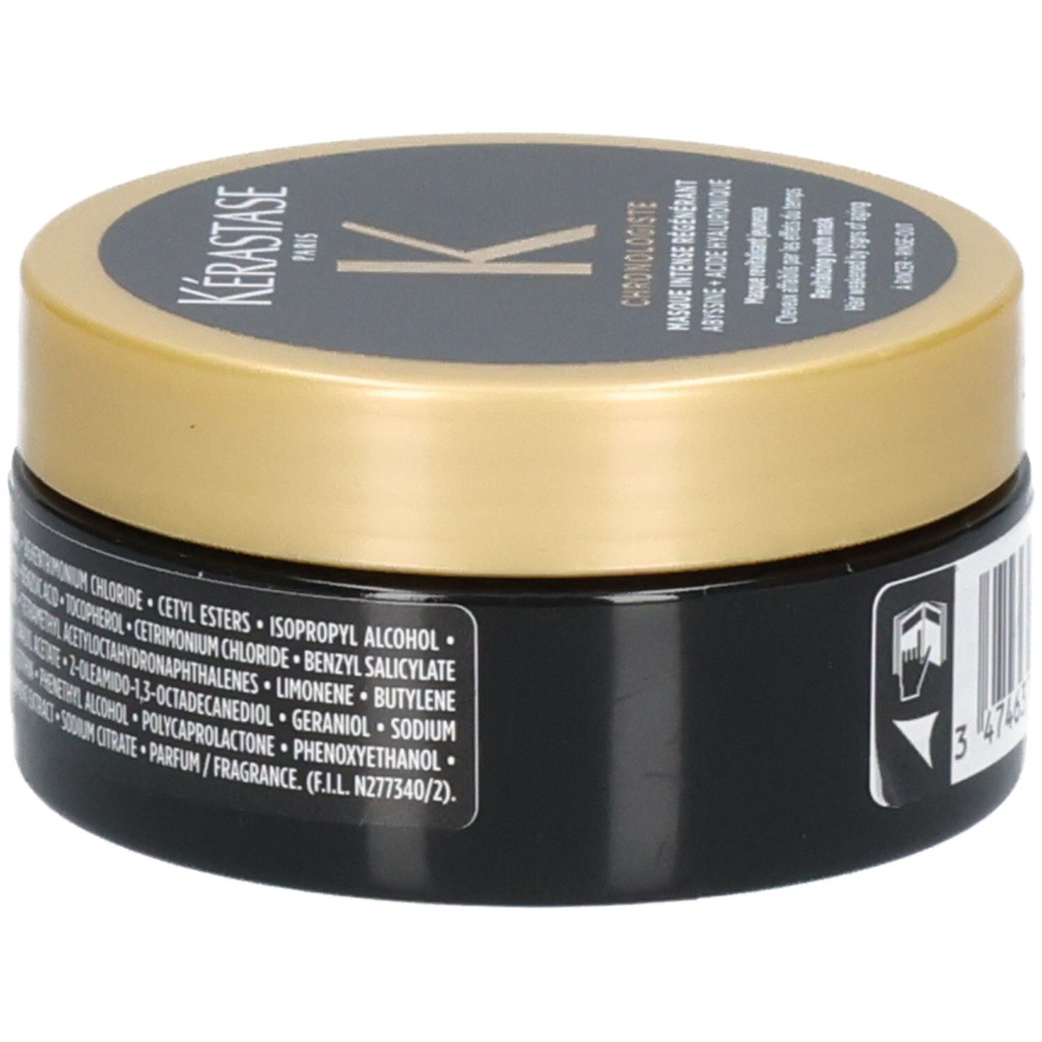 Kérastase Chronologiste masker, zwarte pot met goudkleurig deksel, etiket met ingrediëntenlijst.