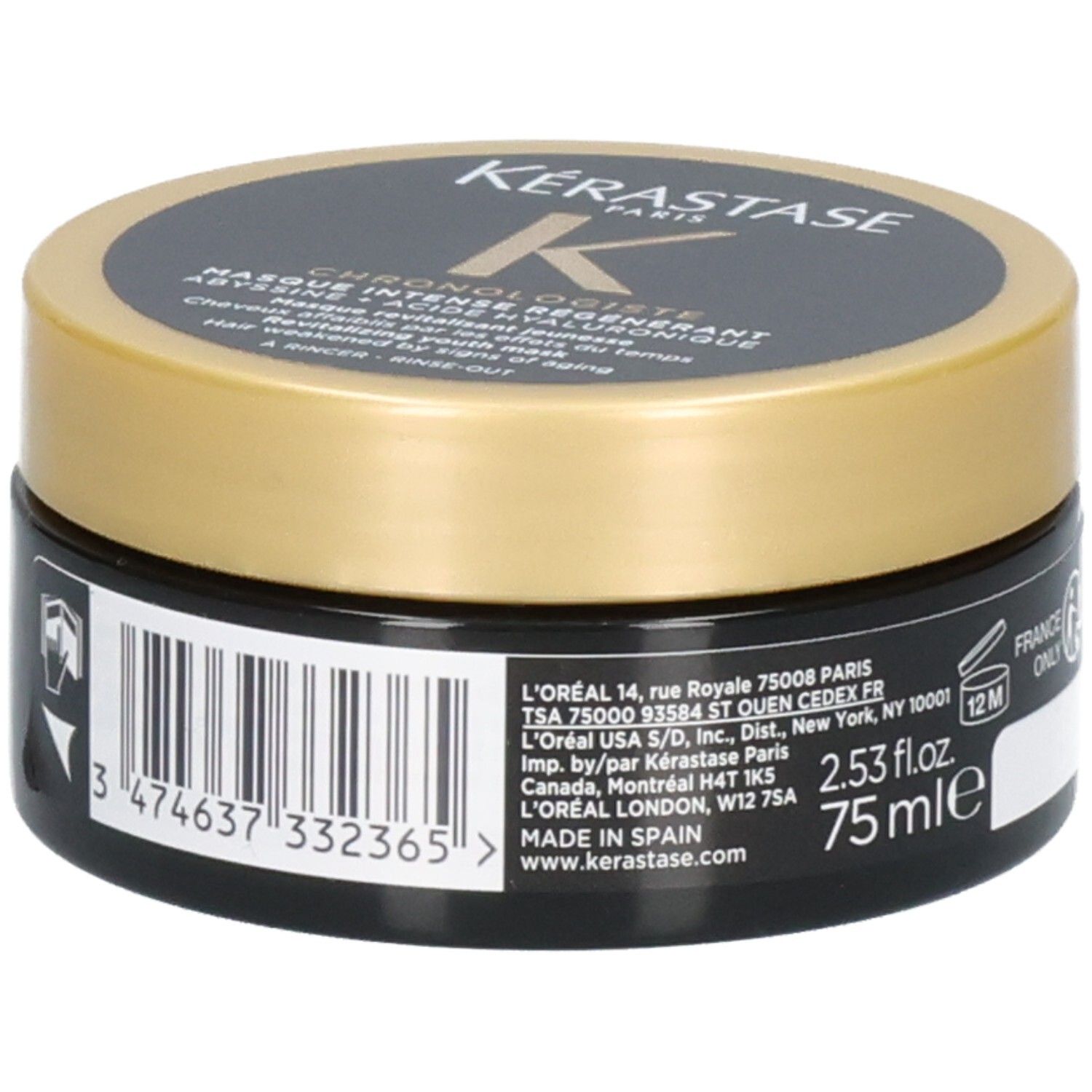 Kérastase Chronologiste masker, zwarte pot met goudkleurig deksel, etiket met fabrikantinformatie, barcode en 75ml.
