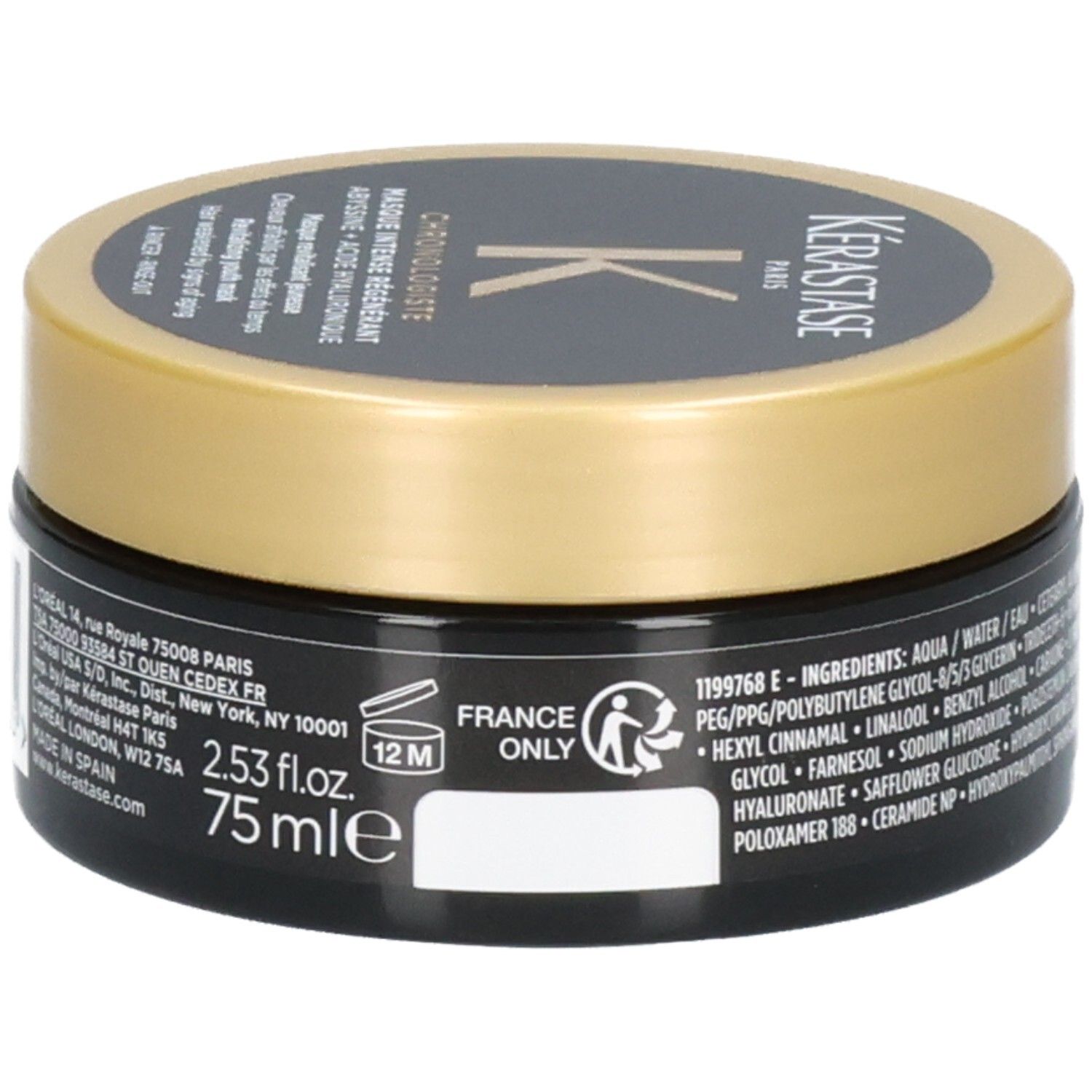 Kérastase Chronologiste masker, zwarte pot met goudkleurig deksel, etiket met fabrikantinformatie, 12M symbool en ingrediënten.
