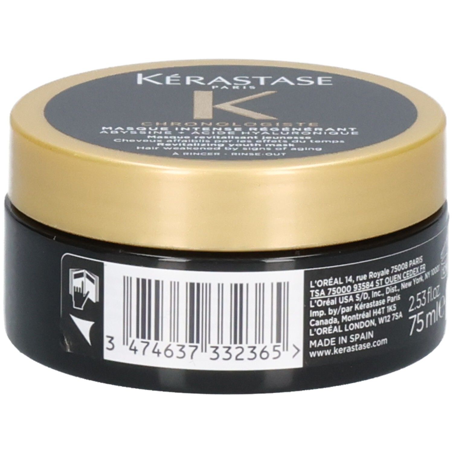 Kérastase Chronologiste masker, zwarte pot met goudkleurig deksel, etiket met fabrikantinformatie, barcode en 75ml.