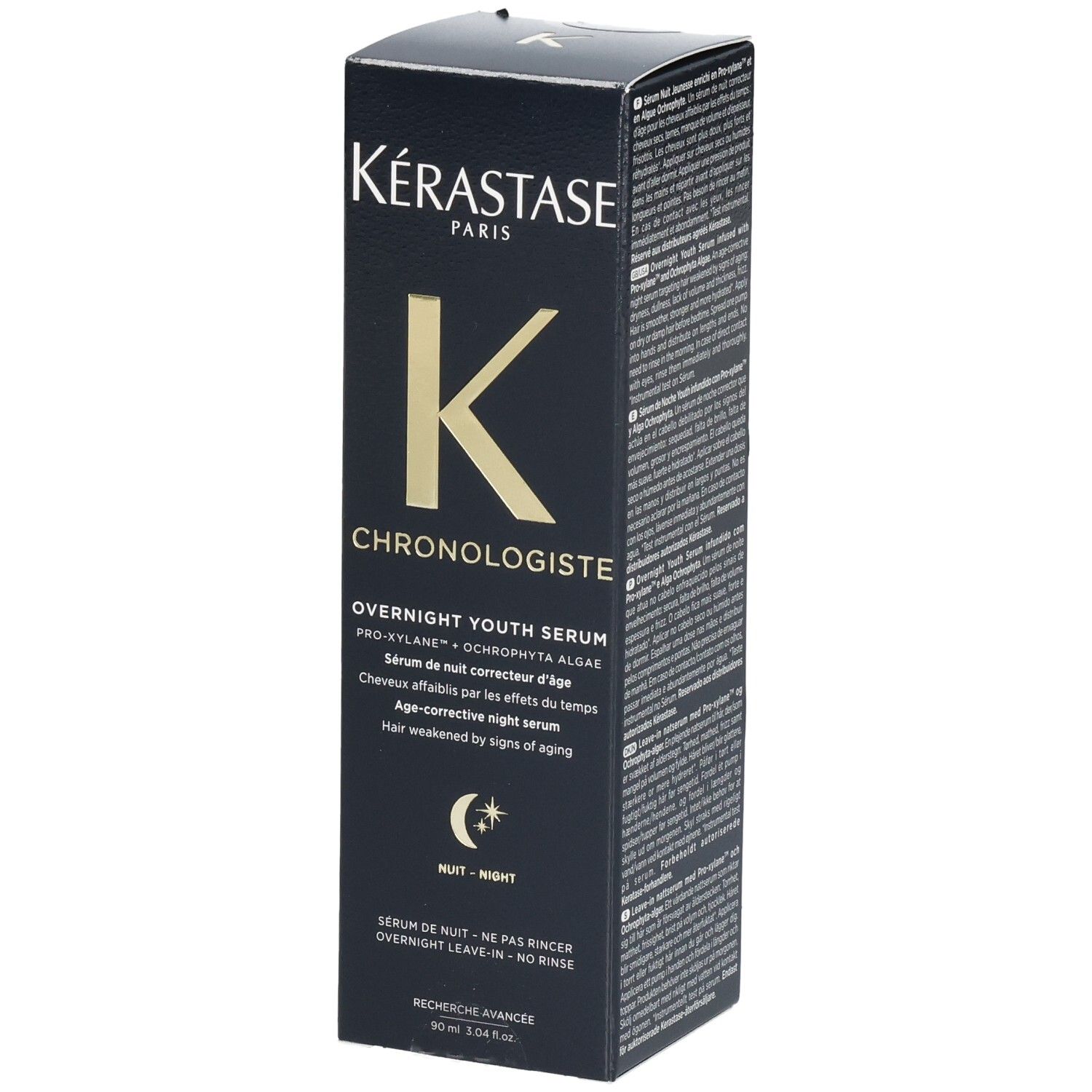 Kérastase Chronologiste Sérum de Nuit Youth: Zwarte doos met goudkleurig K-logo en productinformatie.