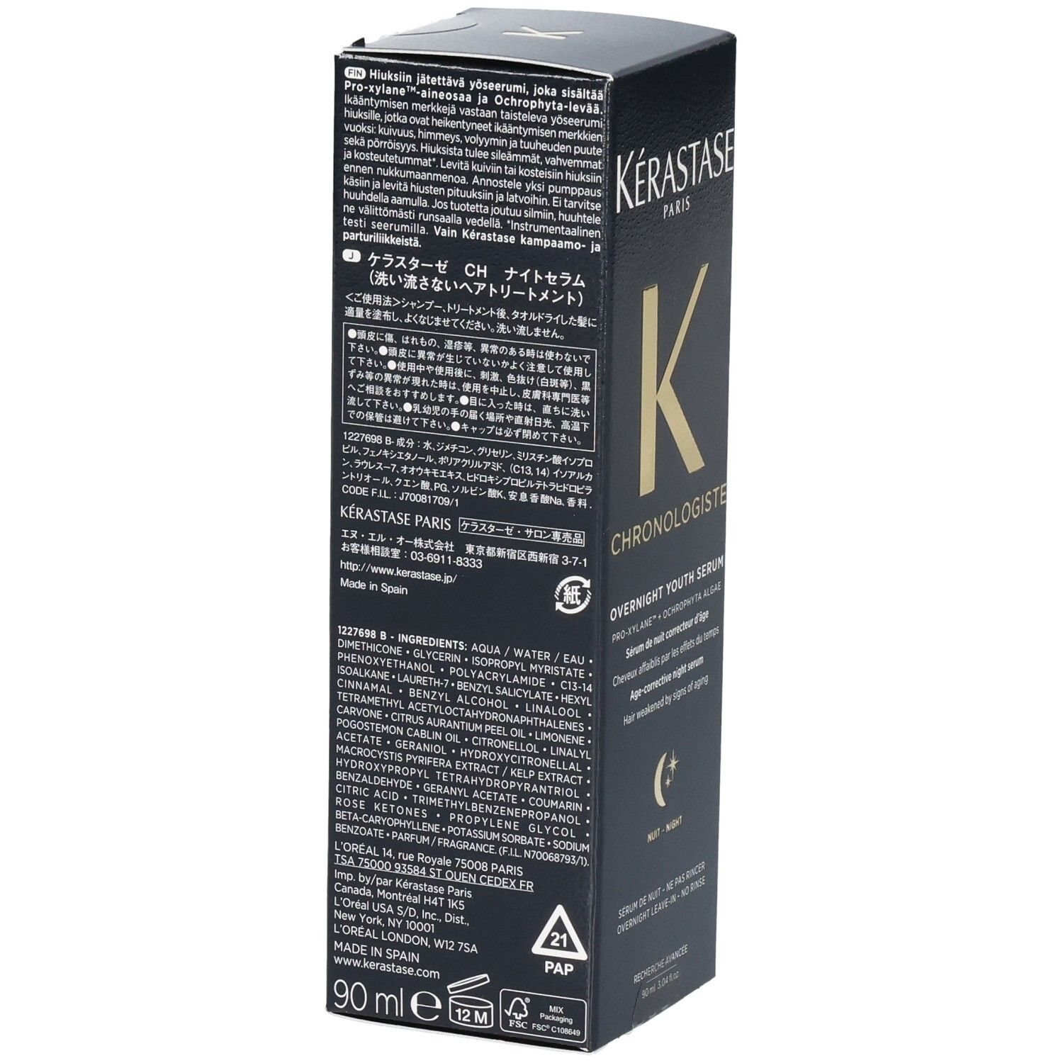 Kérastase Chronologiste Sérum de Nuit Youth: Achterkant van de doos met ingrediëntenlijst en productiedetails.