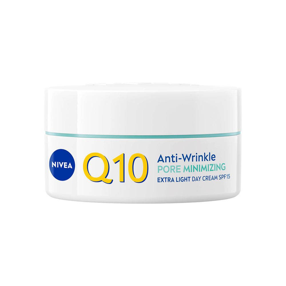 NIVEA Q10 Power Anti-rimpel dagcrème pot naast de vouwdoos.