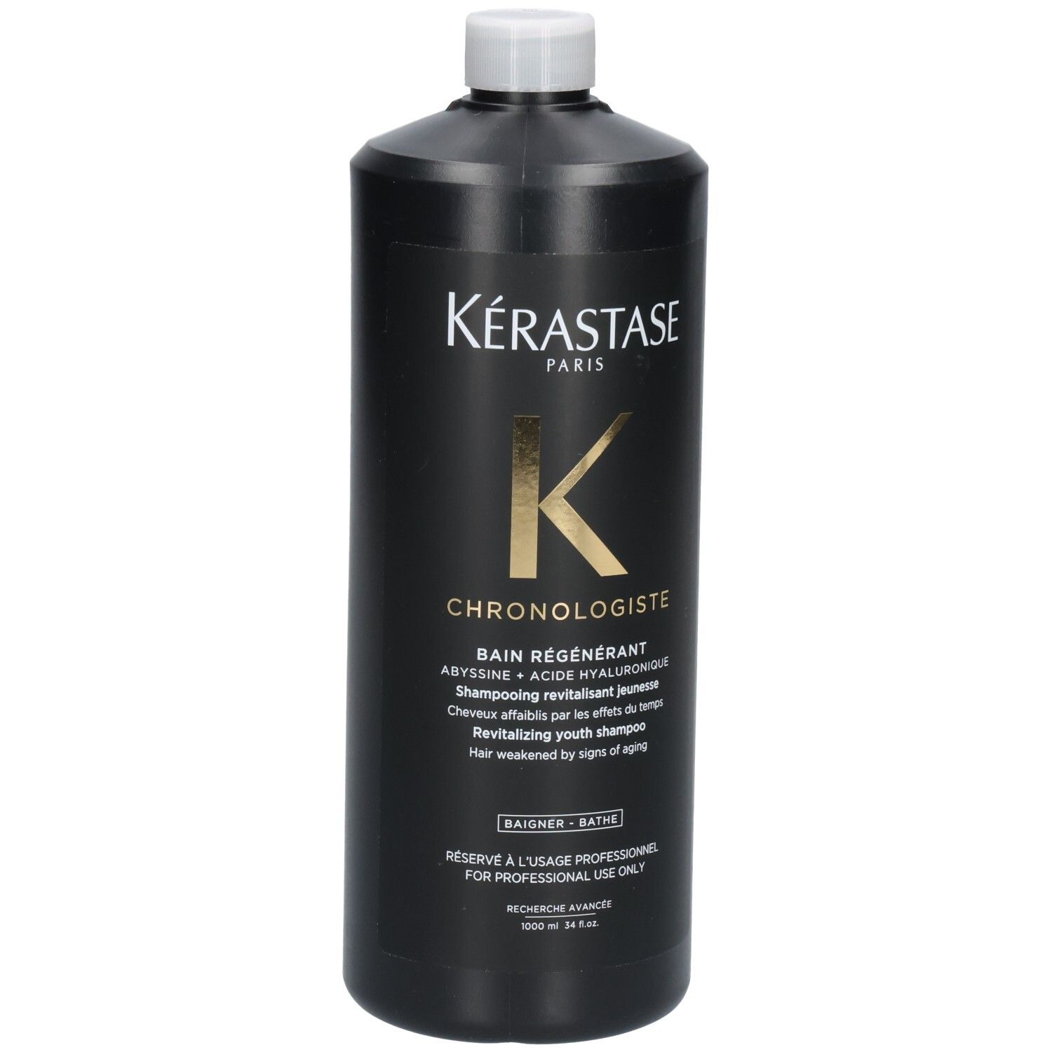 Bouteille noire Kérastase Chronologiste Bain Régénérant Shampooing, 1000ml.