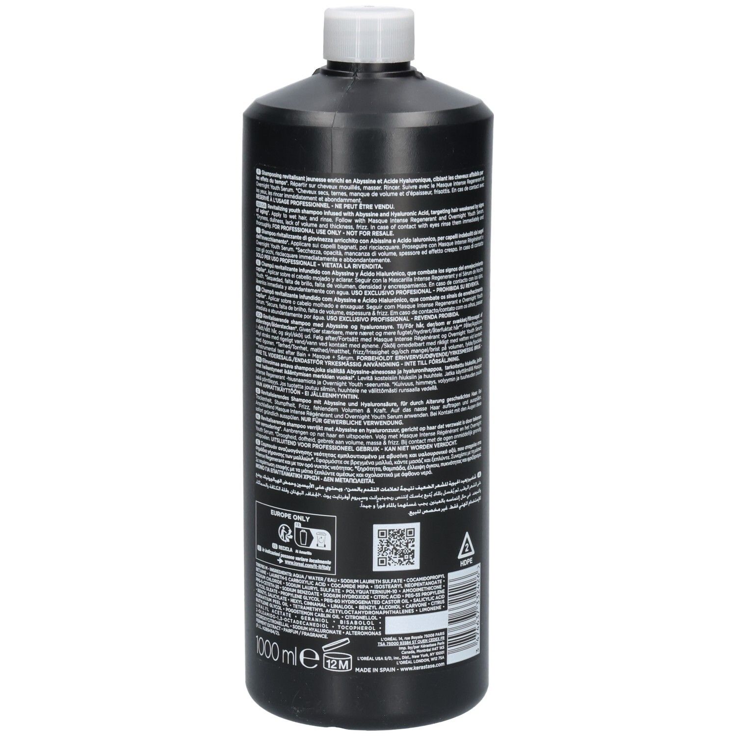 Arrière de la bouteille noire Kérastase Chronologiste Bain Régénérant Shampooing avec texte et code-barres.