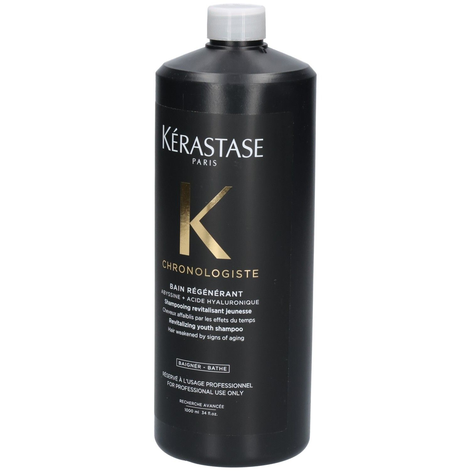 Bouteille noire Kérastase Chronologiste Bain Régénérant Shampooing, vue de face.