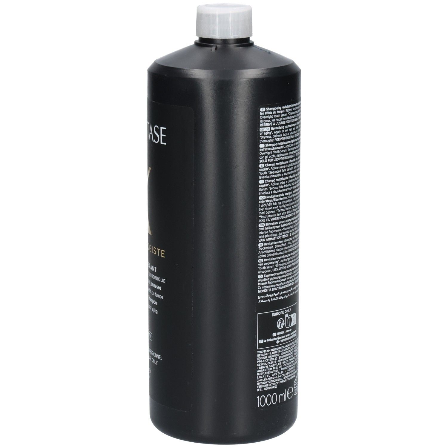 Vue latérale de la bouteille noire Kérastase Chronologiste Bain Régénérant Shampooing.