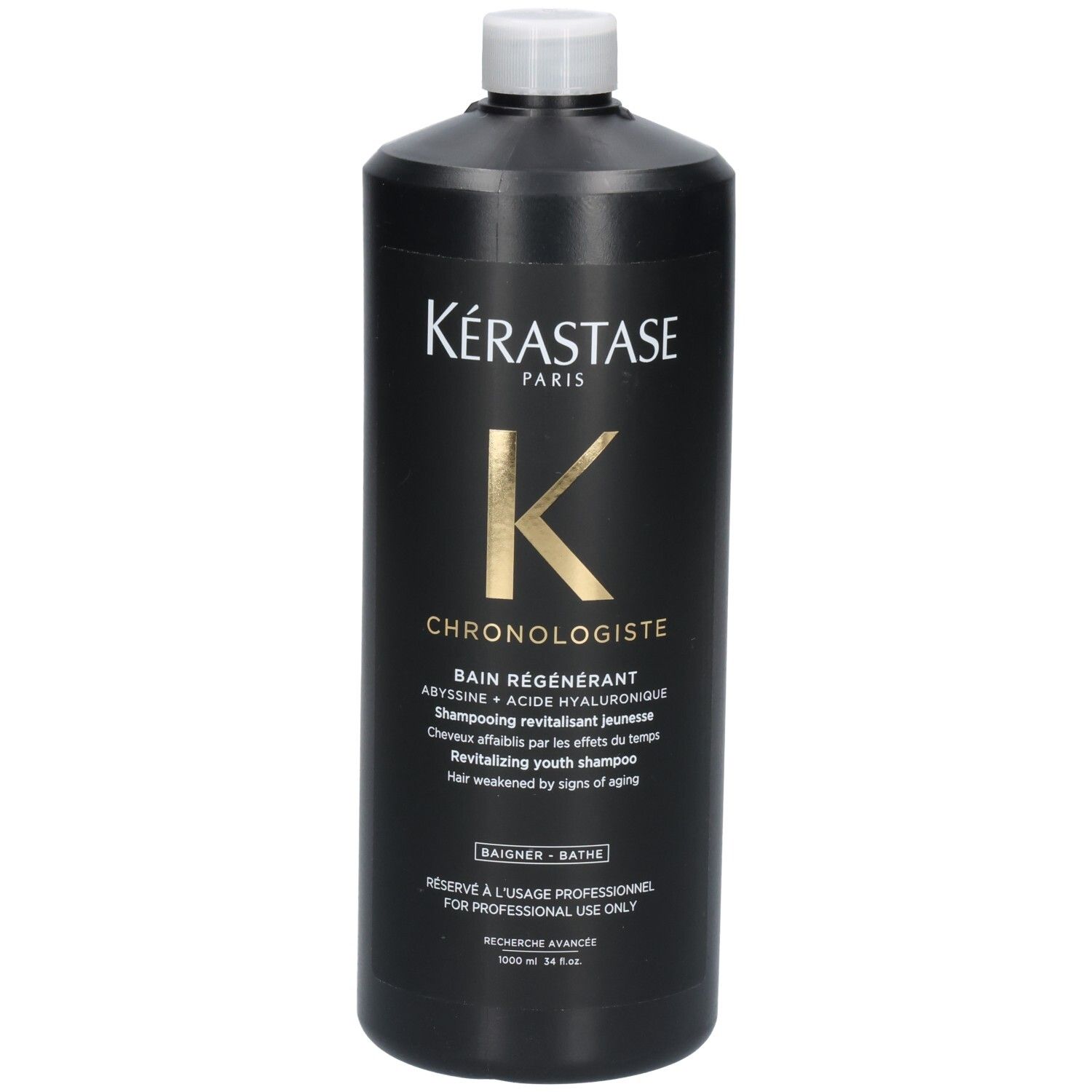 Vue de face de la bouteille noire Kérastase Chronologiste Bain Régénérant Shampooing.