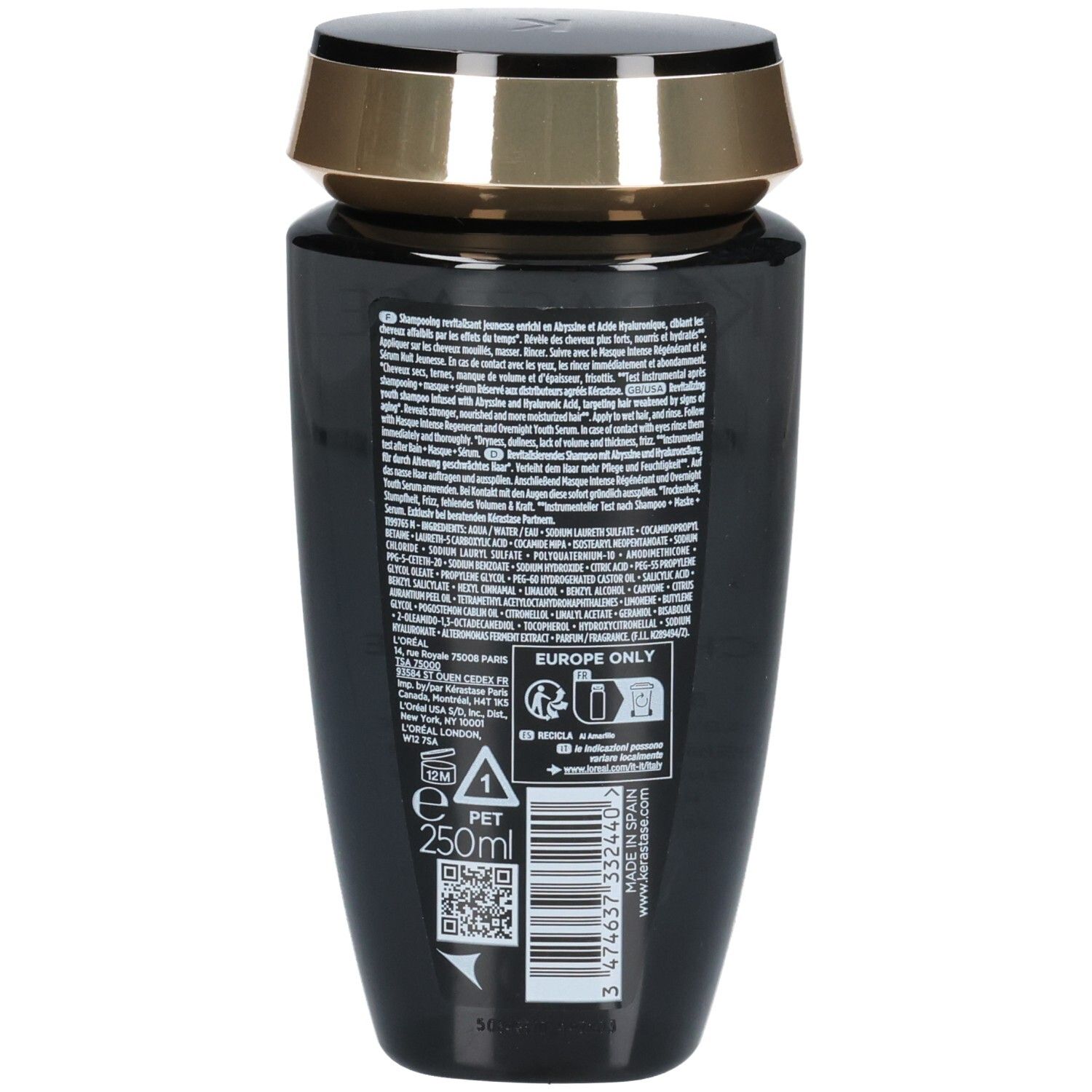 Zwarte fles met gouden dop, 250ml, met etiket en barcode.