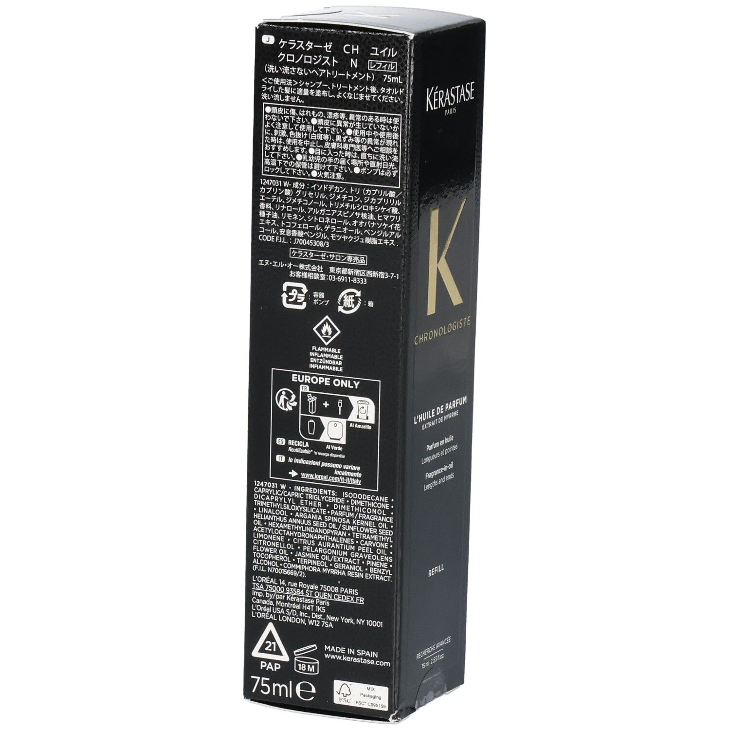 Achterkant van de Kérastase Chronologiste L'Huile de Parfum navulling met ingrediënten en instructies.