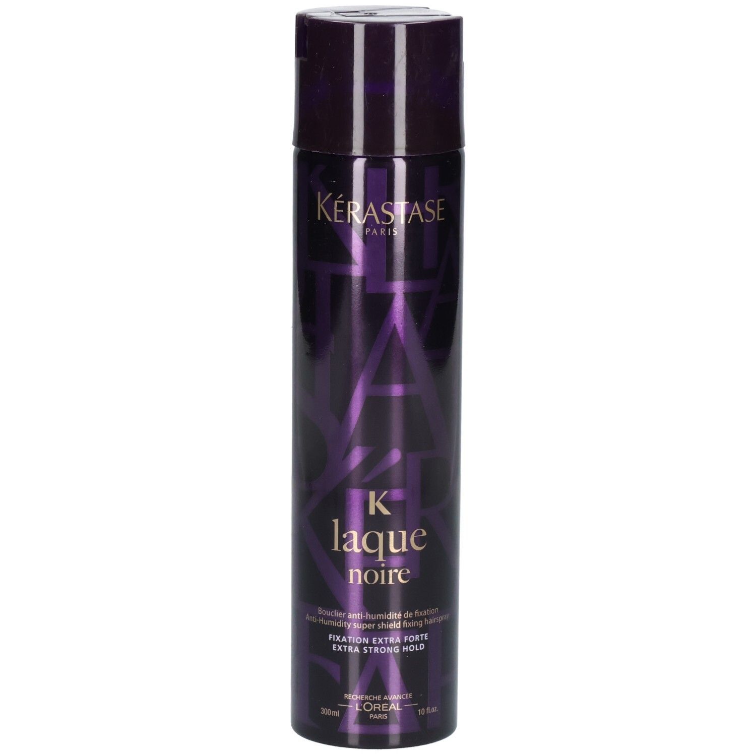 Kérastase Laque Noire haarspray in donkere paarse fles met patroon. Extra sterke fixatie.