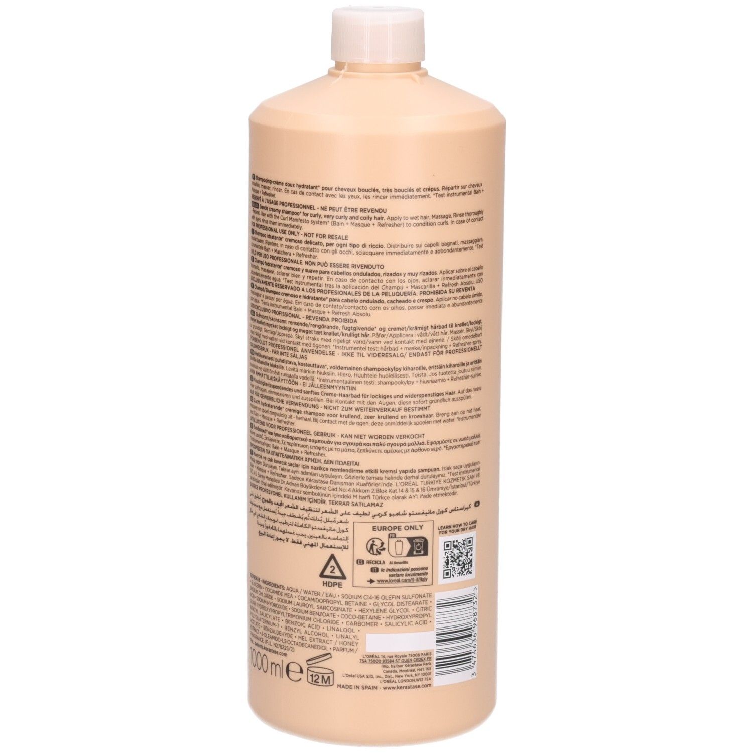 Kérastase Curl Manifesto Shampoo, 1 liter fles, achterkant met tekst.