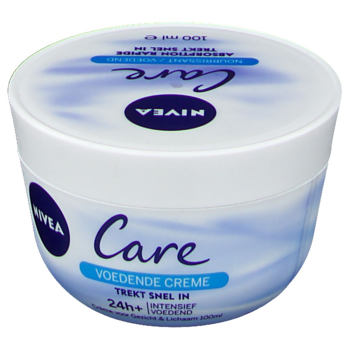 Pot blanc avec couvercle bleu. Inscription: NIVEA Care, Voedende Creme, 24h+ Intensief Voedend. 100 ml.