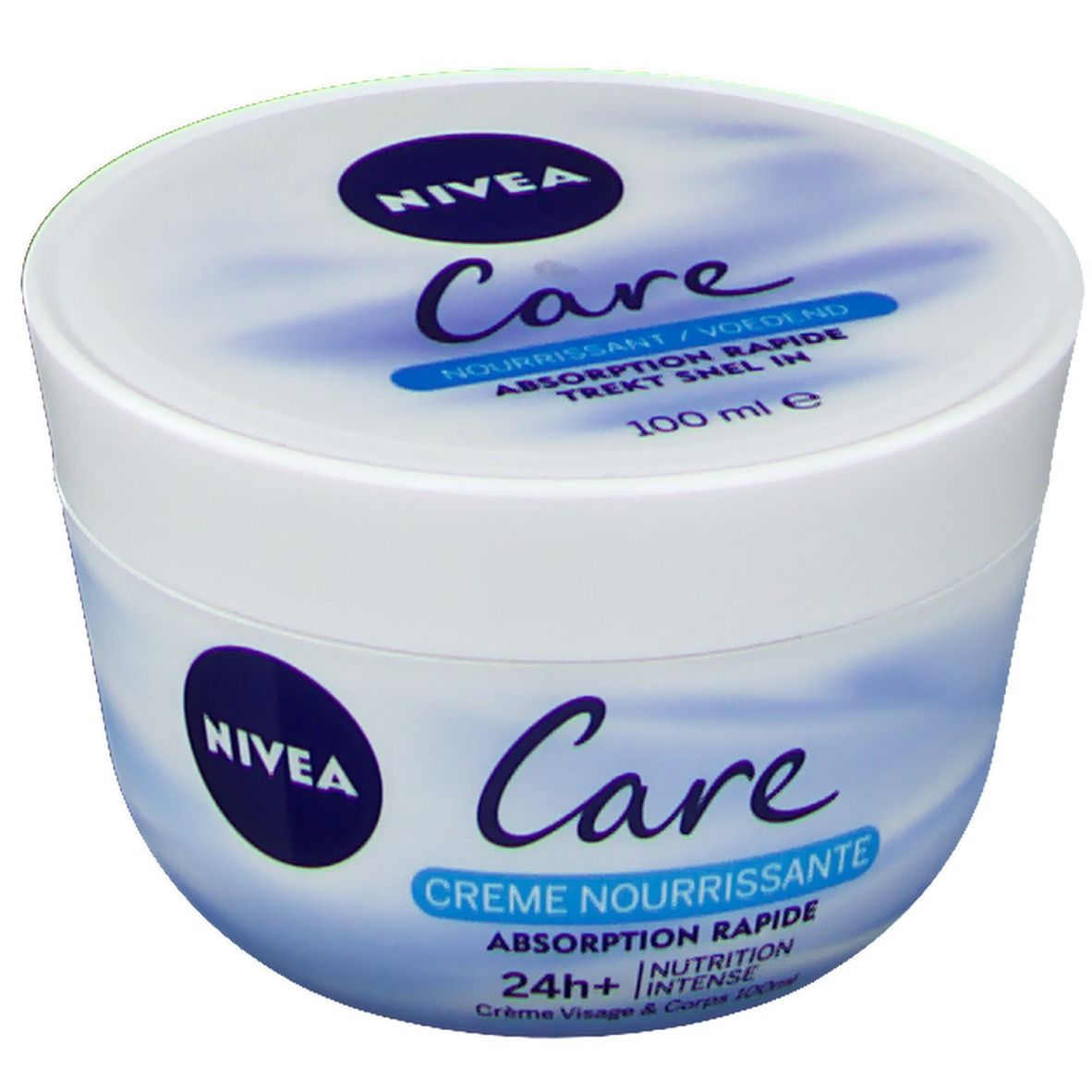 Pot blanc avec couvercle bleu. Inscription: NIVEA Care, Crème Nourrissante, 24h+ Nutrition Intense. 100 ml.