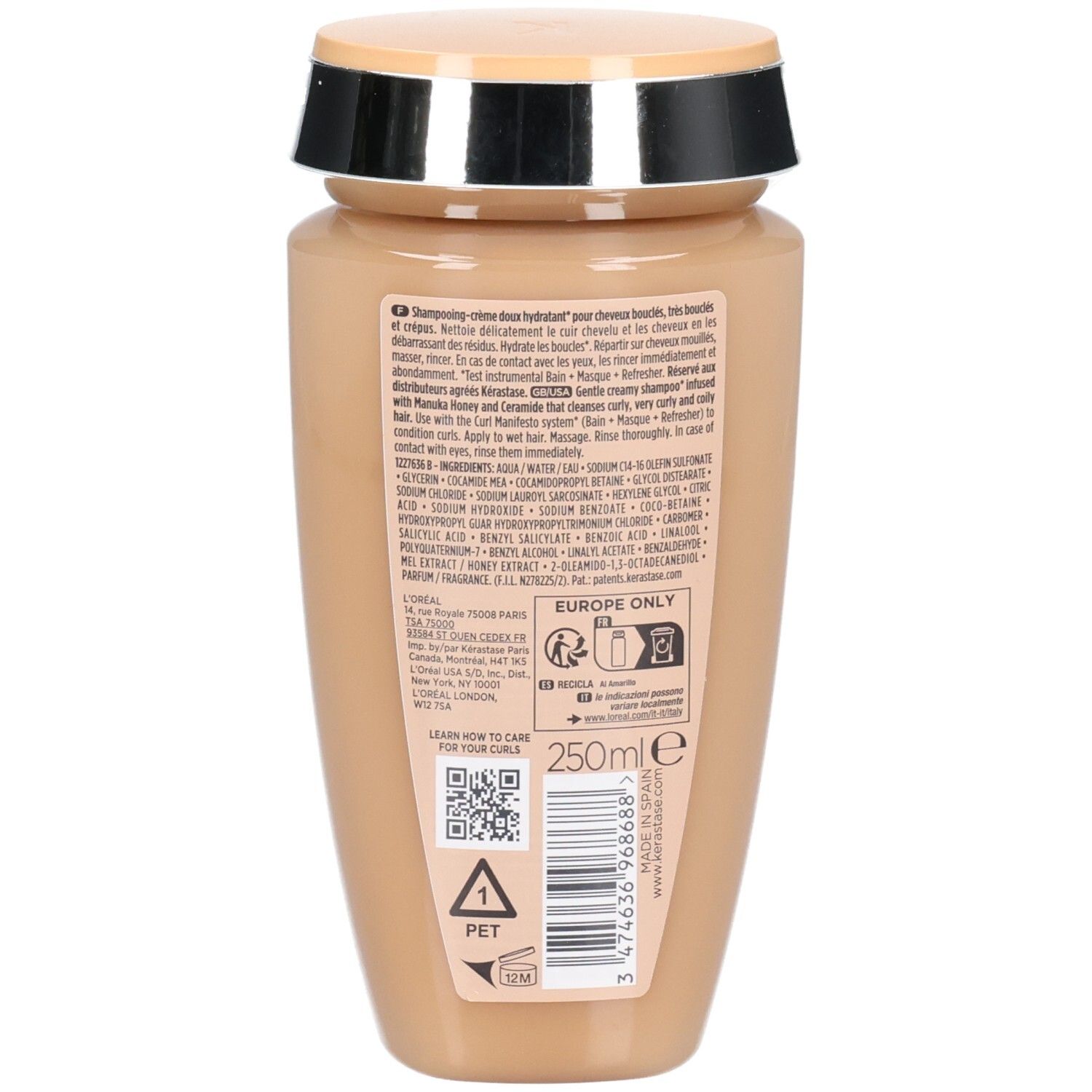 Achterkant van de Kérastase Curl Manifesto shampoo fles met productinformatie en 250ml vermelding.