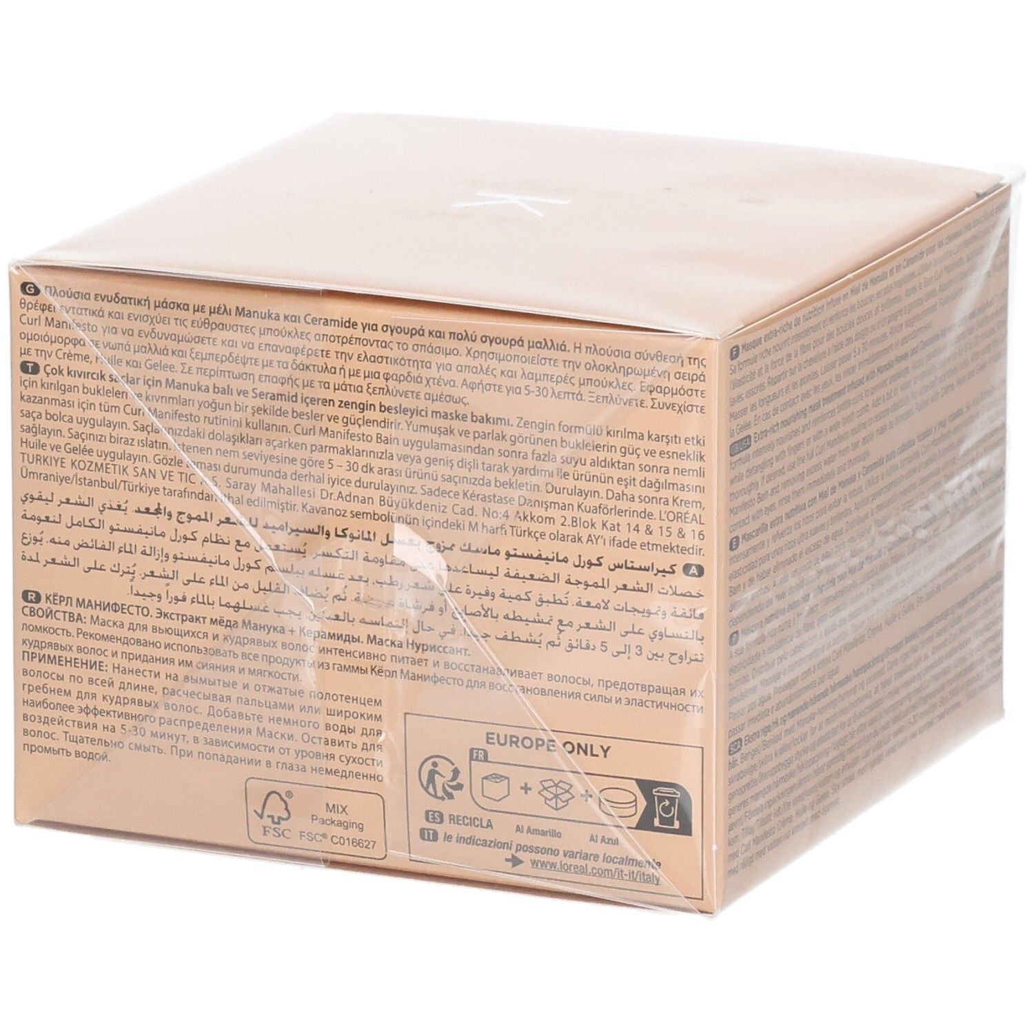 Emballage d'un masque capillaire au miel de Manuka et céramides. Étiquetage multilingue.