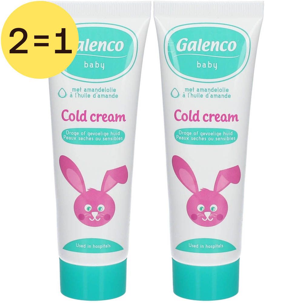 Deux tubes de crème froide pour bébé. Inscription : Galenco Baby, Cold cream, avec de l'huile d'amande. Sur l'emballage : 2=1.