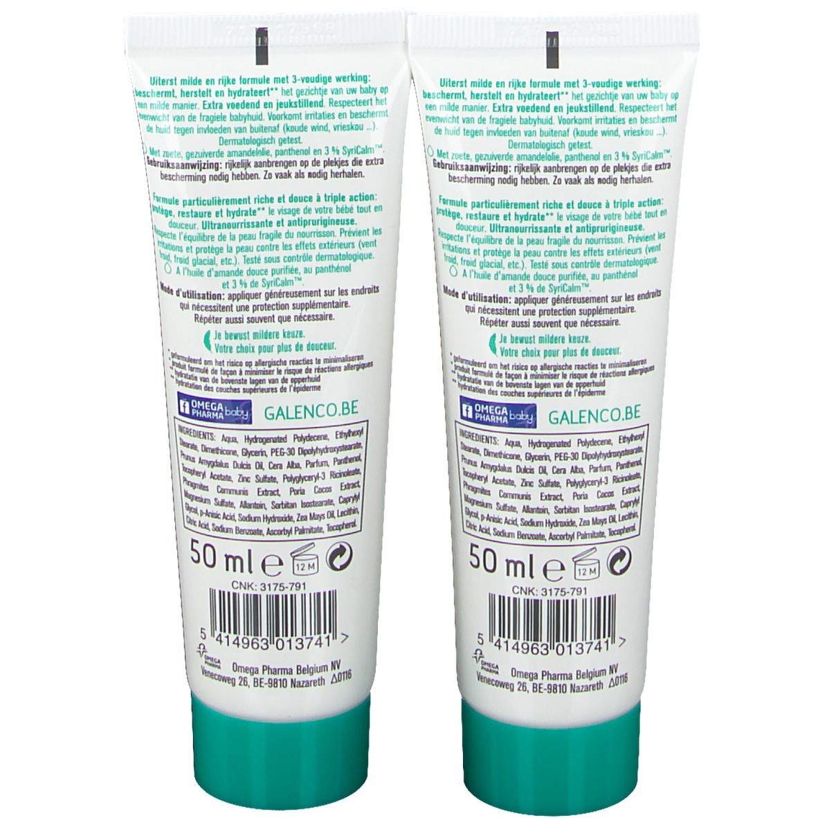 Deux tubes de crème froide pour bébé. Inscription : Galenco Baby, Cold cream, avec de l'huile d'amande. Sur l'emballage : 2=1.