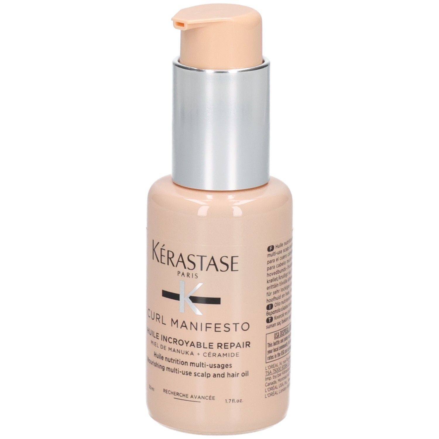 Kérastase Curl Manifesto Huile Sublime Repair, flacon avec embout pompe argenté.