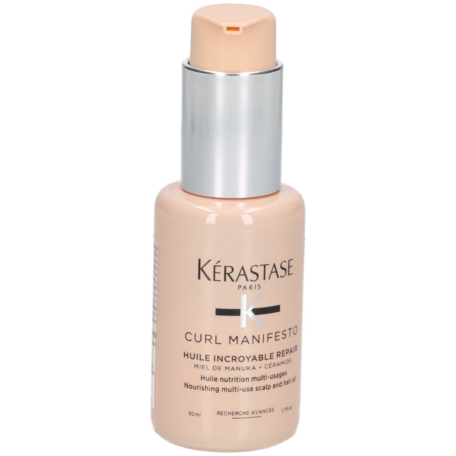 Kérastase Curl Manifesto Huile Sublime Repair, flacon avec embout pompe argenté.