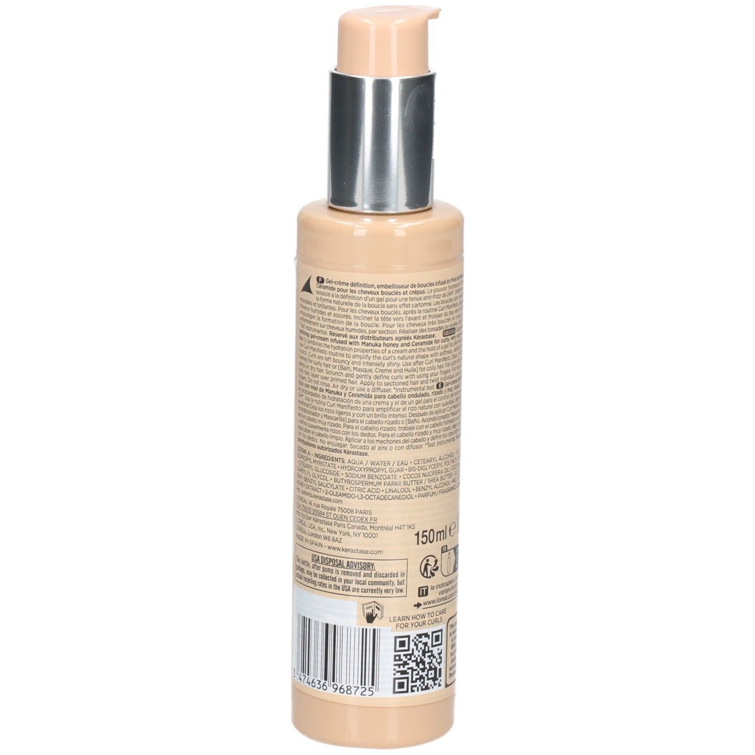Arrière du flacon Kérastase Curl Manifesto Gelee Curl Contour avec code-barres et QR code, 150ml.