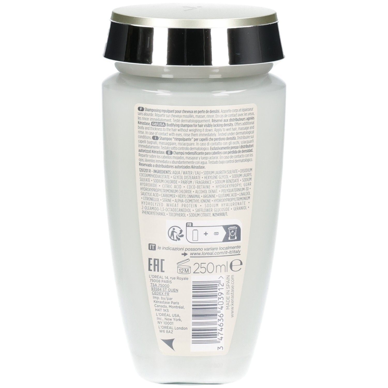 Shampooing Kérastase Bain Densité, dos avec ingrédients.