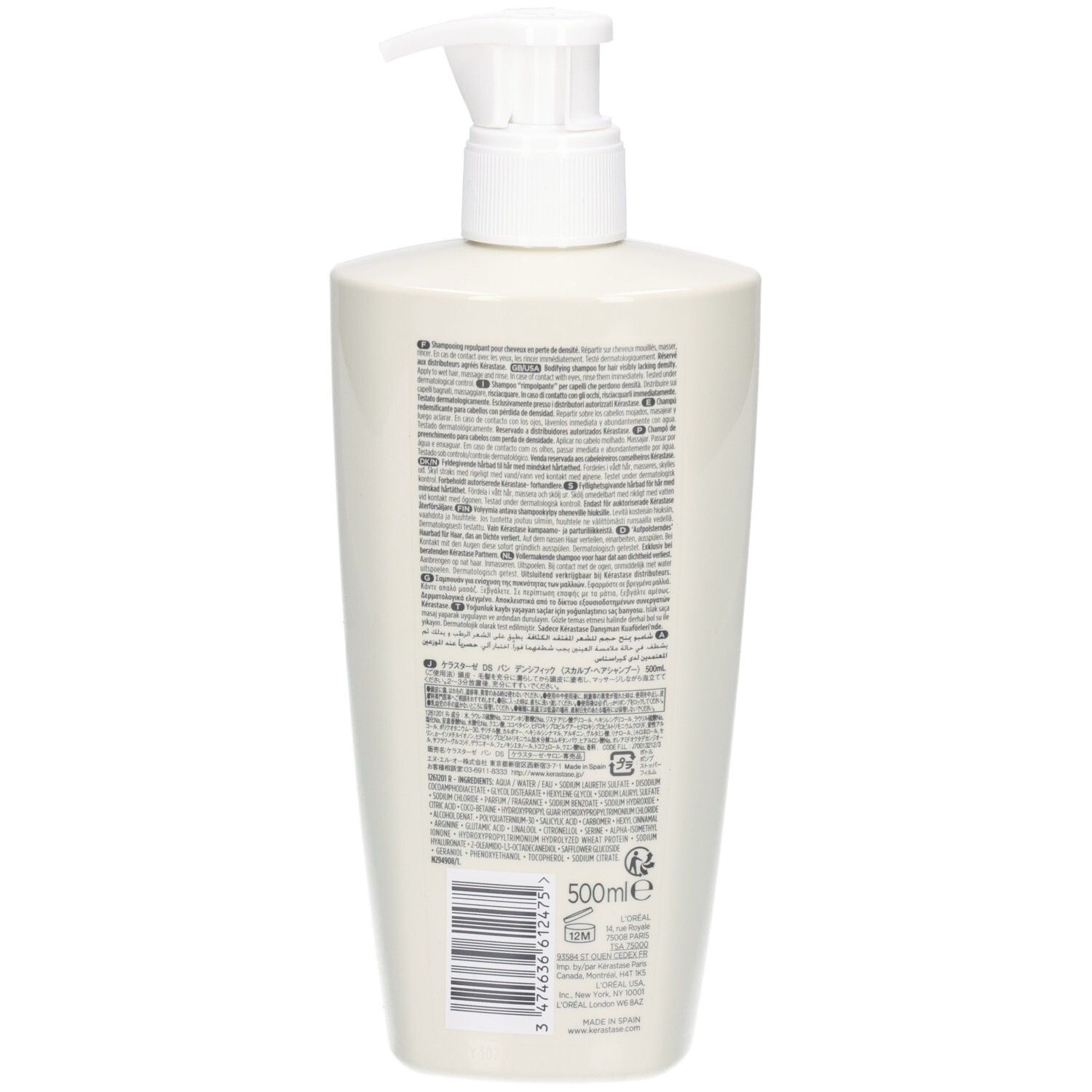 Arrière de la bouteille blanche Kérastase Bain Densité avec pompe et étiquette.