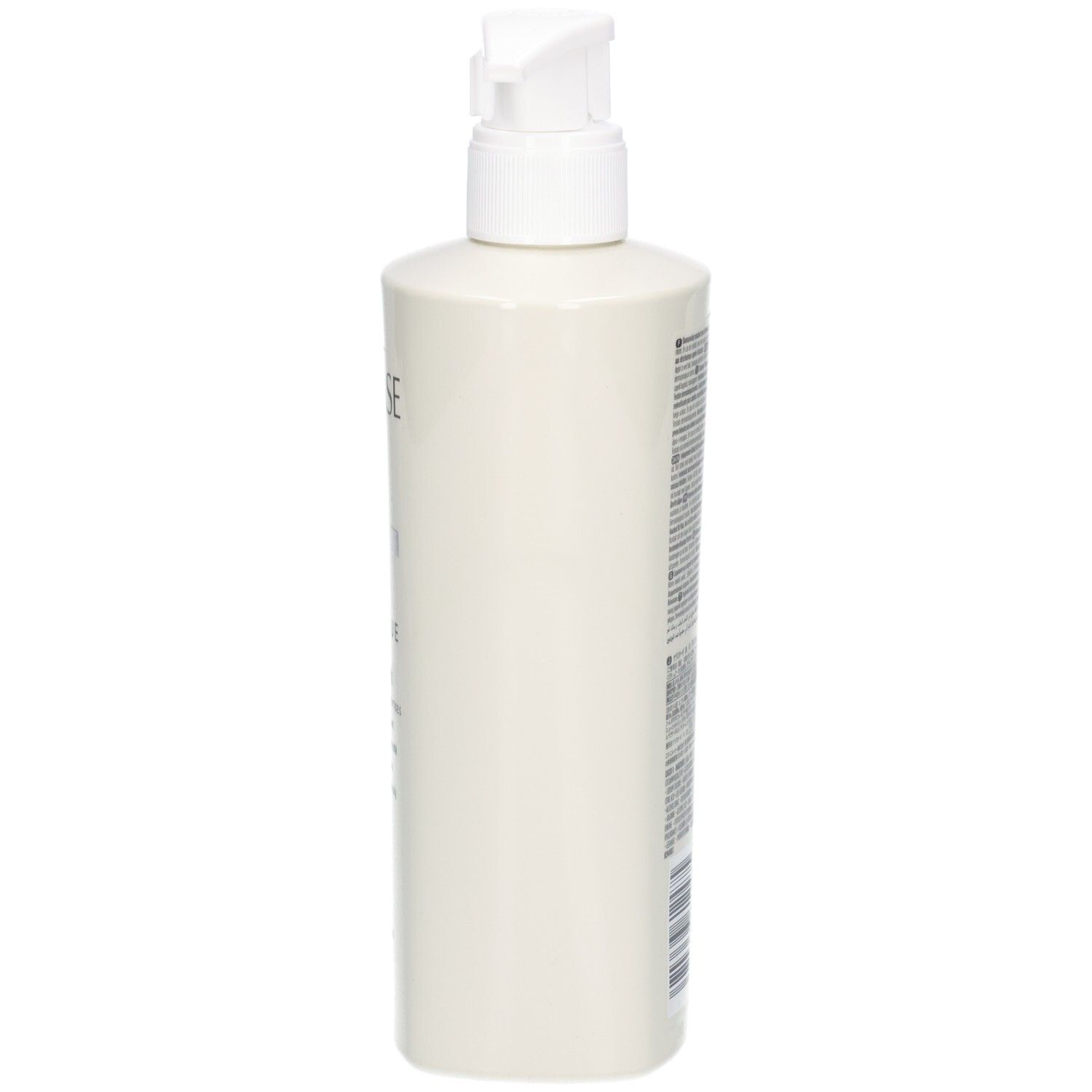 Vue latérale de la bouteille blanche Kérastase Bain Densité avec pompe.